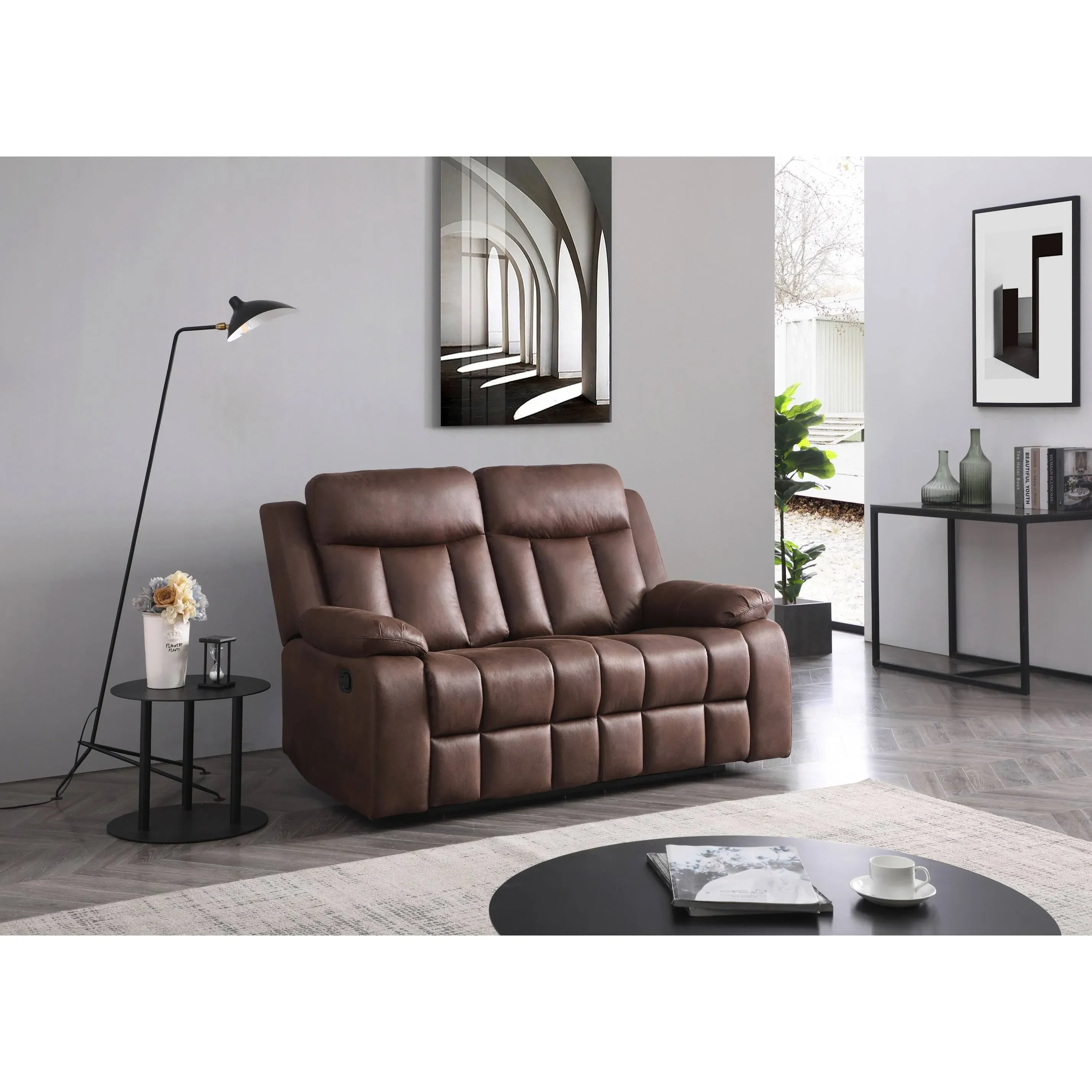 Betsy Furniture 3-PC Microfiber Fabric Recliner Set Living Room Set in Brown, Sofa Loveseat Chair Pillow Top Backrest and Armrests 8028