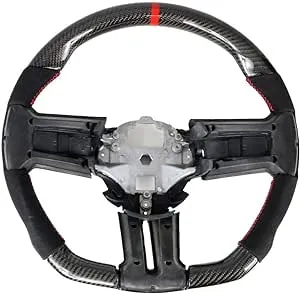 Fit 10-14 Mustang Steering Wheel Carbon Fiber Alcantara &amp; Red Stitch &amp;Indicator