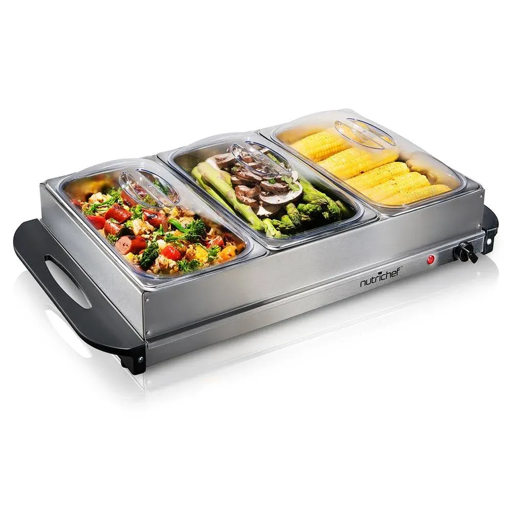 Nutrichef 3 Tray Buffet Server &amp; Hot Plate Food Warmer | Tabletop Electric Food 