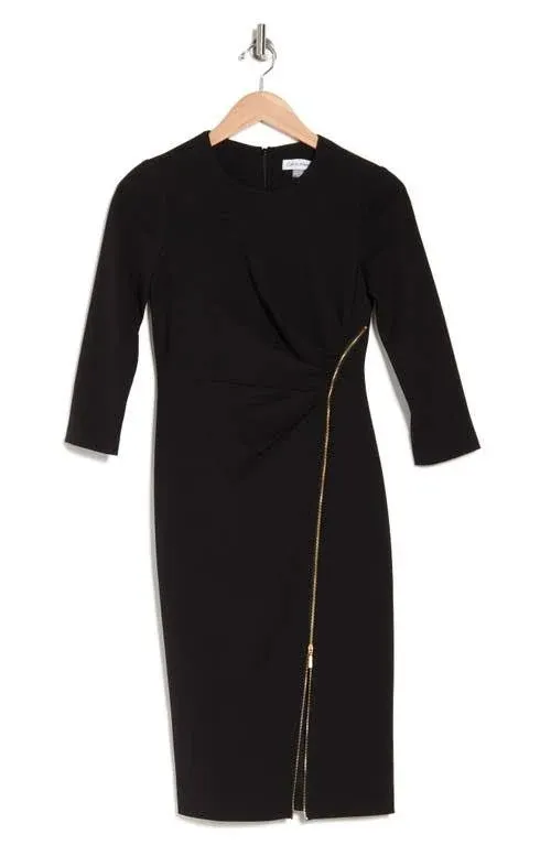 Calvin Klein 3/4 Sleeve Scuba Crepe Dress with Side Zipper Ruching Detail