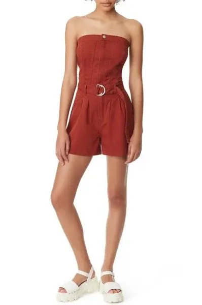 Circus NY Strapless Belted Twill Romper in Brandy Brown