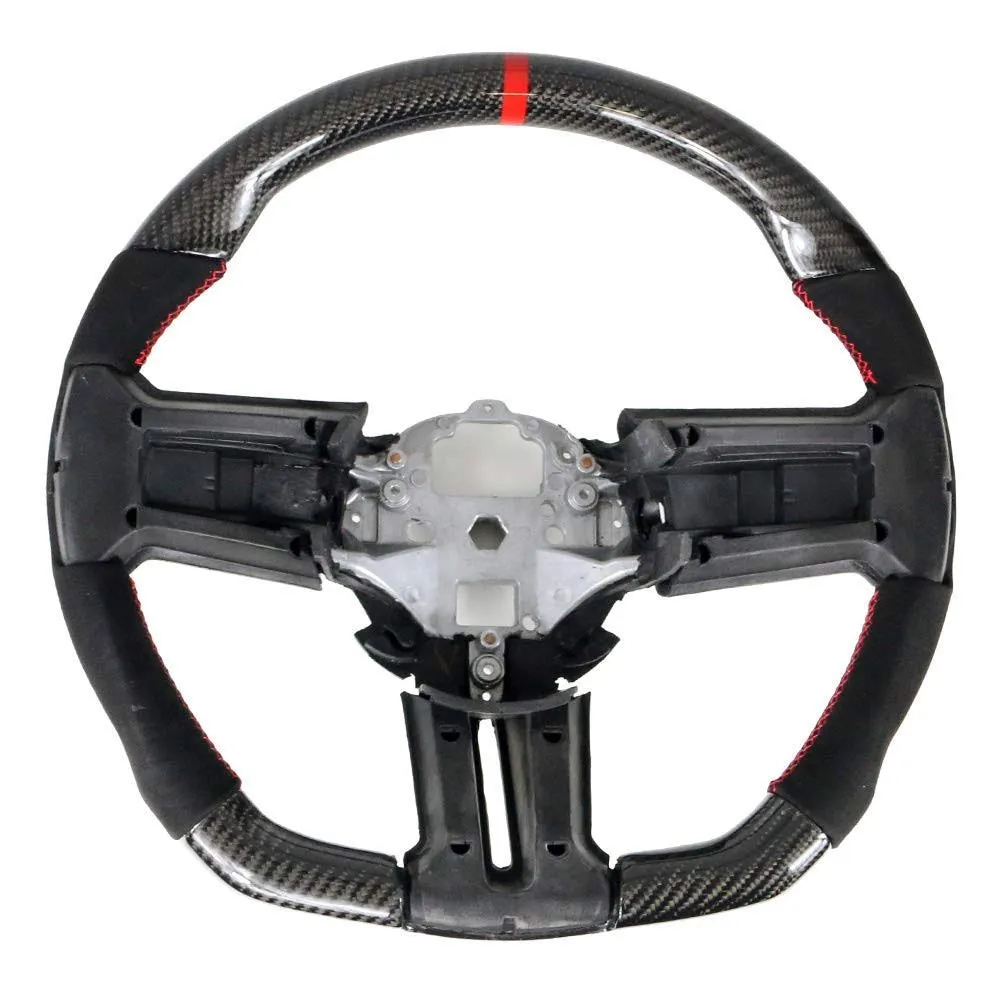 Fit 10-14 Mustang Steering Wheel Carbon Fiber Alcantara &amp; Red Stitch &amp;Indicator