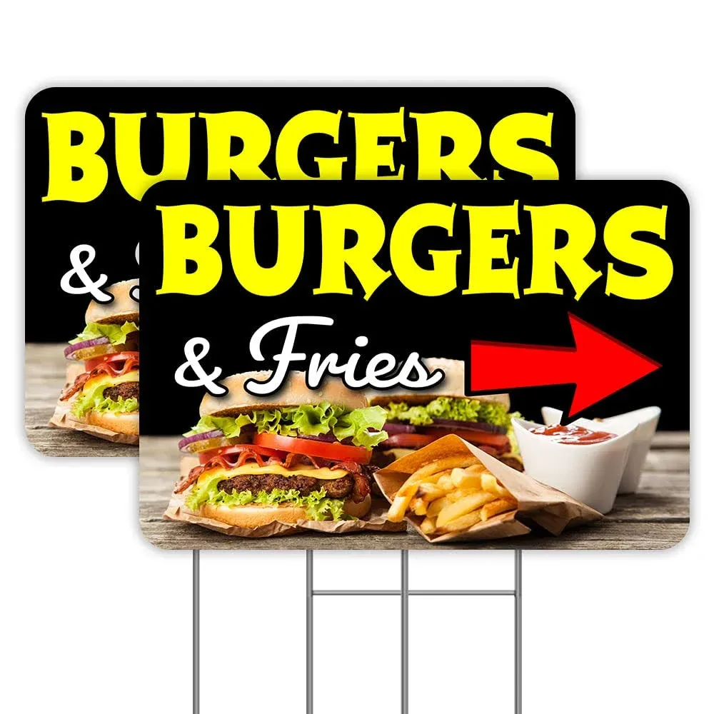 Vista Products Burgers & Fries (Arrow) 2 Pack Yard Signs 16" x 24" - Double-Sided ...