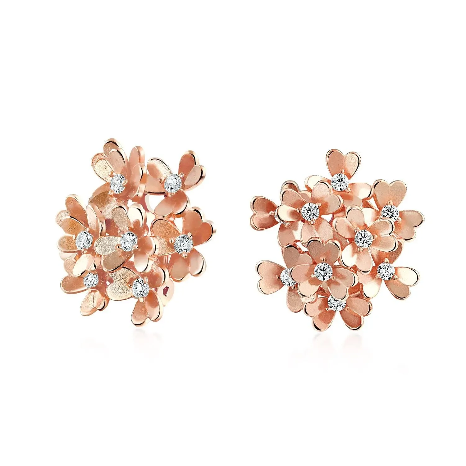 CZ Floral Bouquet Flower Clip On Earrings Silver Rose Gold Plated Rose