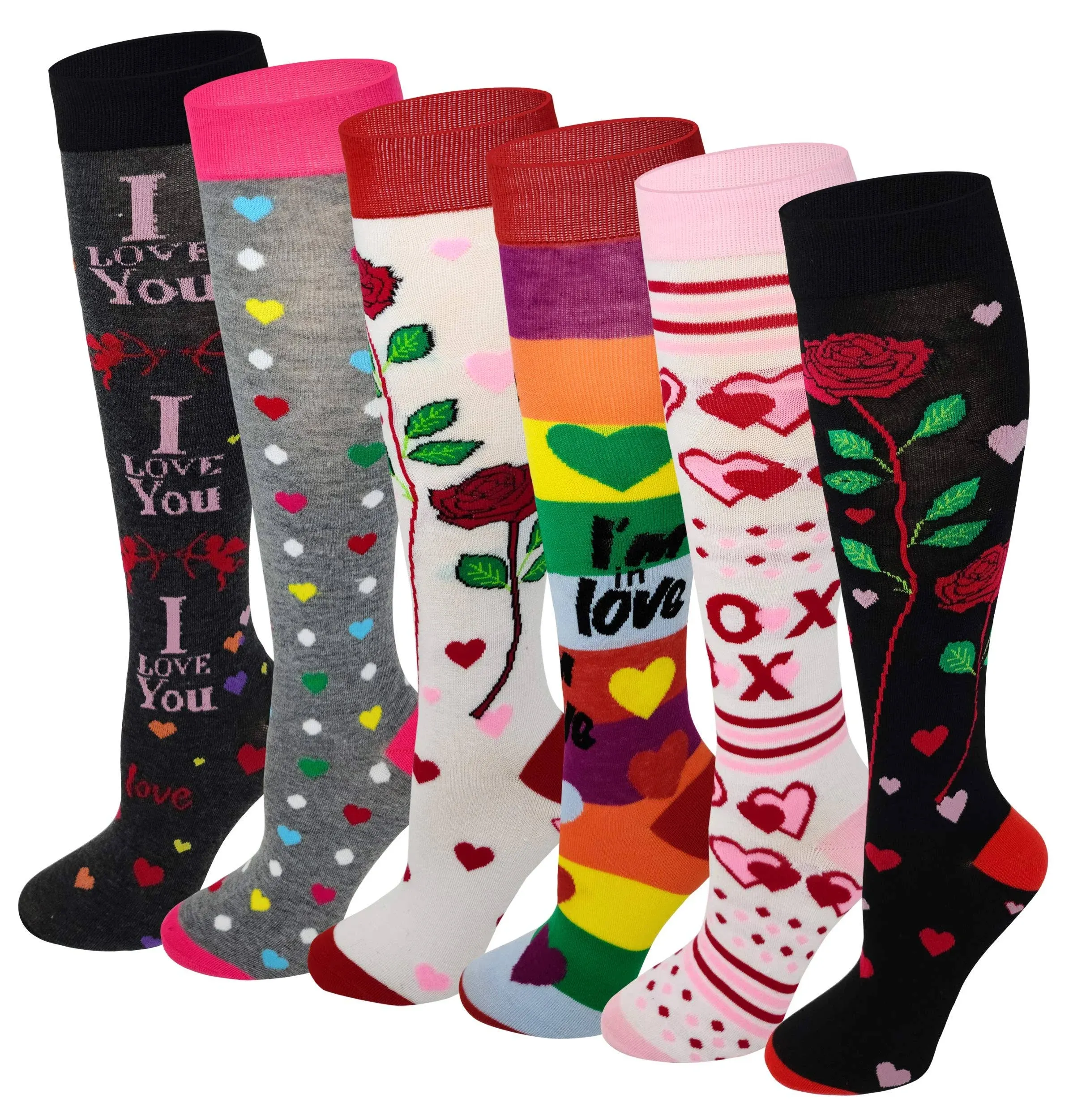 6 Pairs Women's Fancy Design Multi Colorful Patterned Knee High Socks