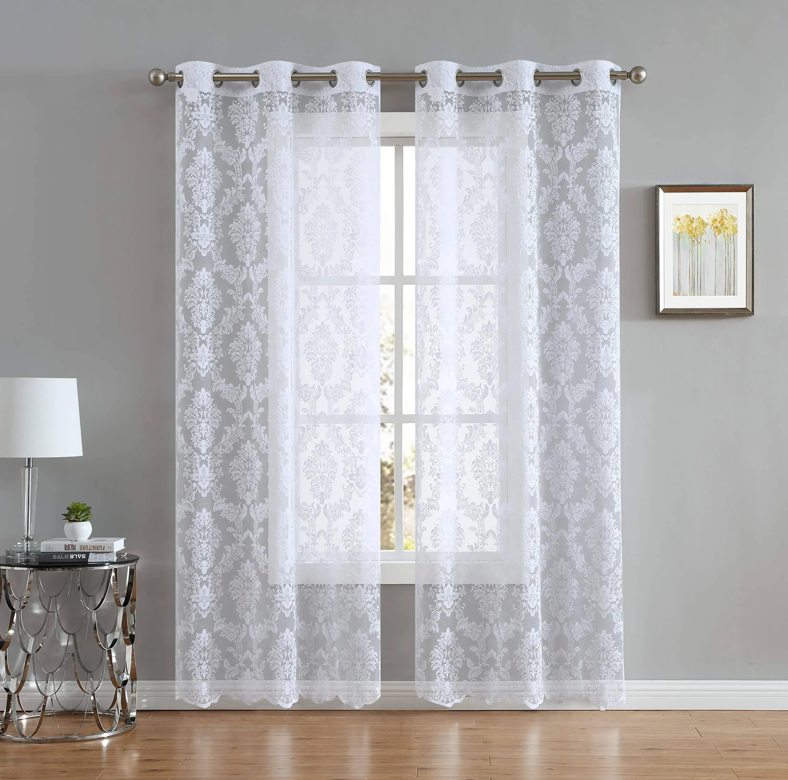 LinenZone Pair of 2 Knitted Lace Curtain Panels with Scalloped Bottom. Elegant F