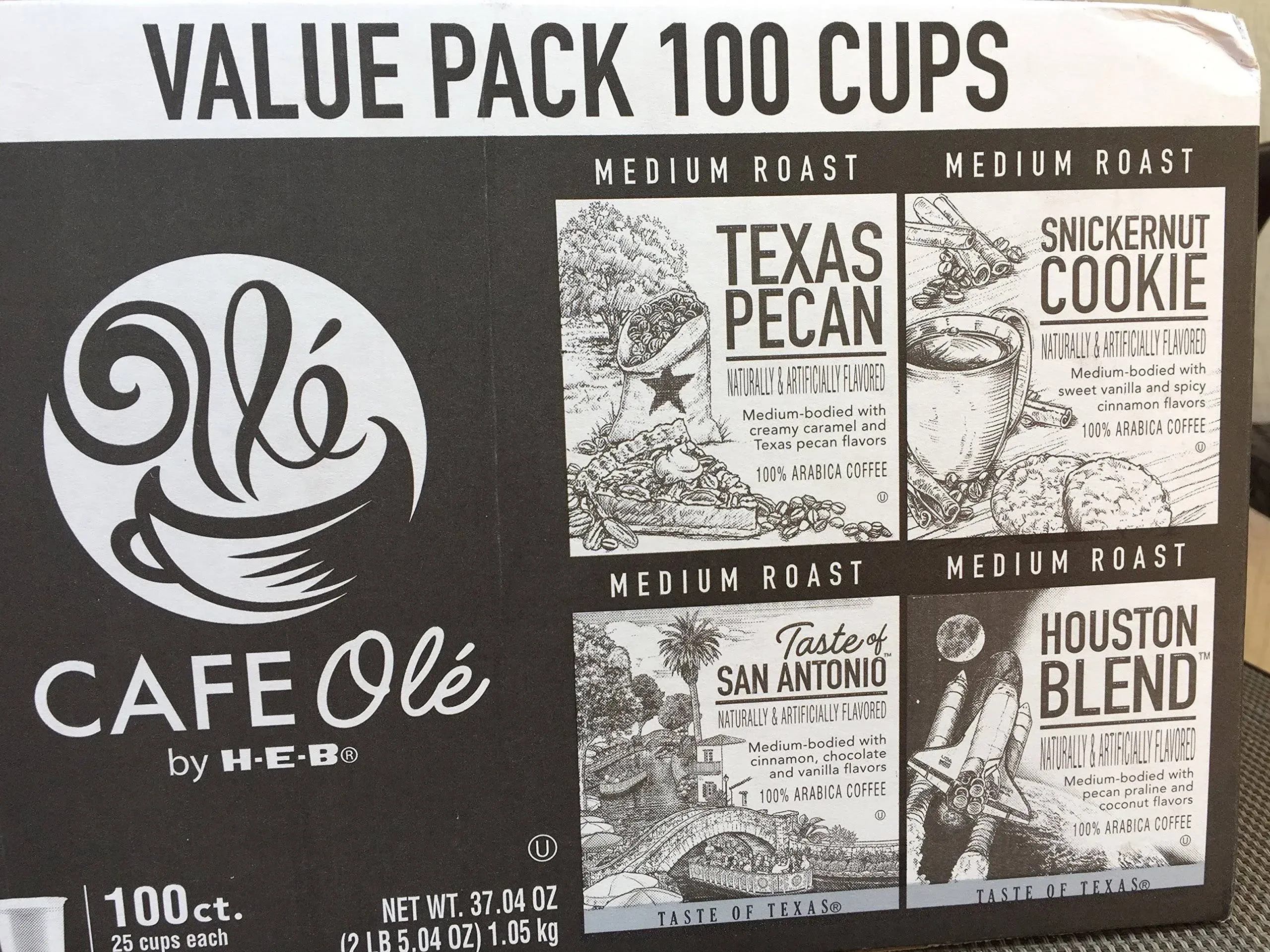 100 Cups- Cafe Ole Value Pack-texas Pecan San Antonio Houston and Snickernut Cups