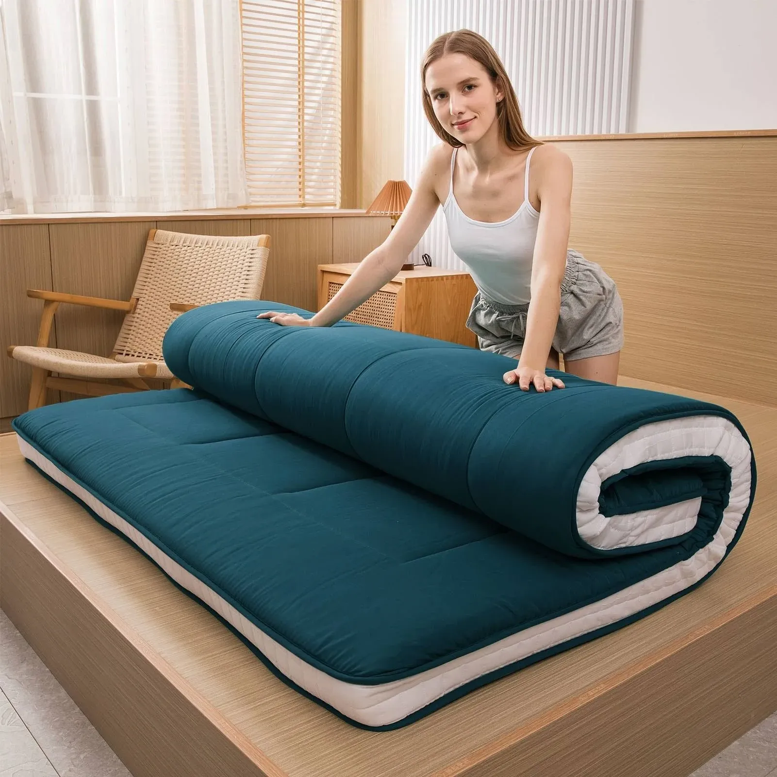 Padded Japanese Roll Up Floor Futon Mattress - Blue Stone - Twin