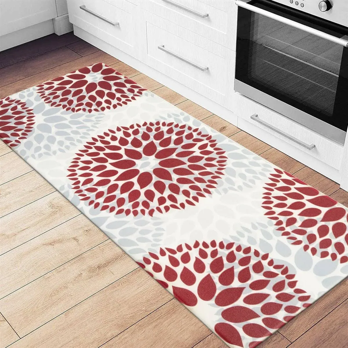 Modern Floral Circles Anti Fatigue Standing Mat - Red - 18" x 47"