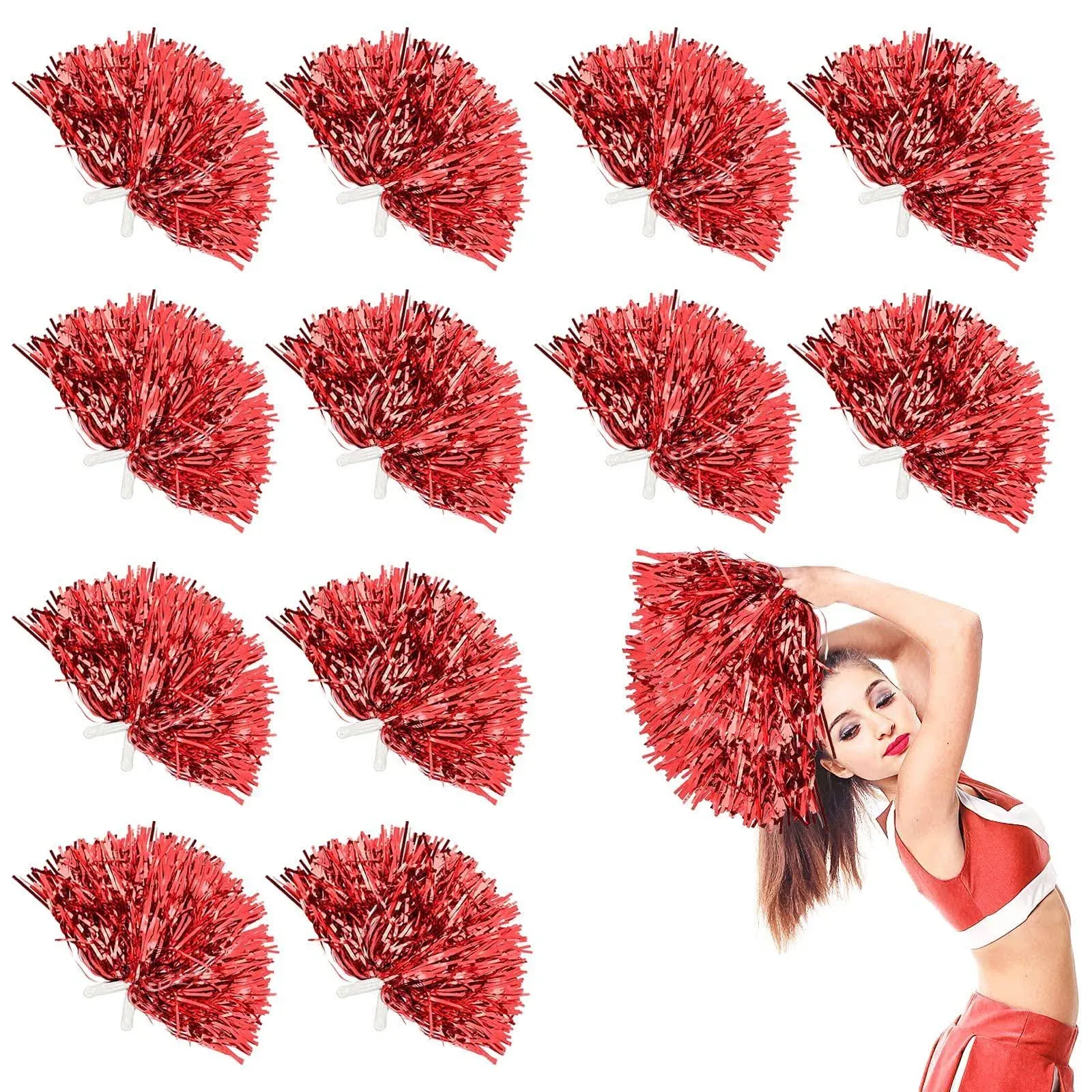 DILIBRA 24 Pcs Metallic Cheerleading Pom Poms for Kids, Cheerleaders Cheer Pom Poms with Baton Handle, Cheering Squad Hand Flower for Adults Team Spirit Sports Game Dancing Party