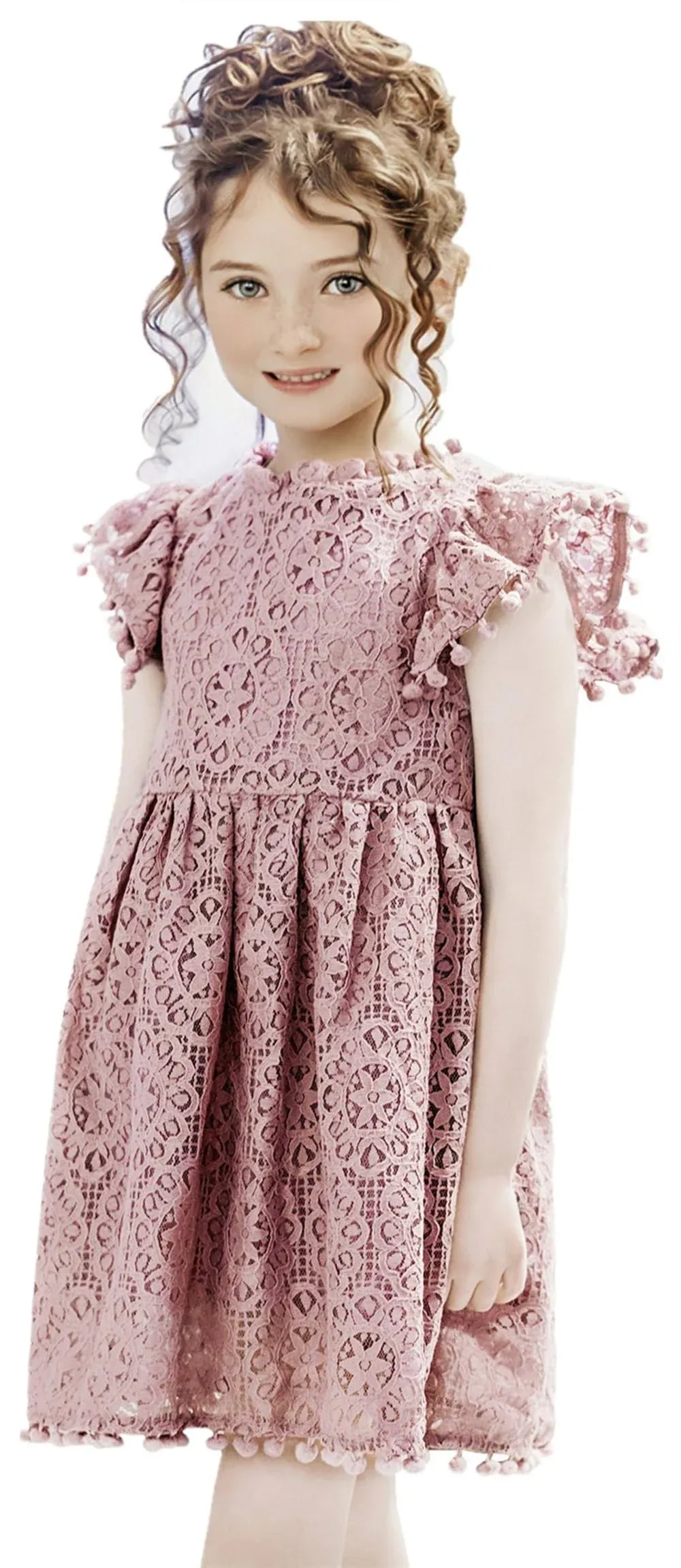 2Bunnies Girl Vintage Lace Pom Pom Trim Birthday Party Dress (Dusty Pink 3T)