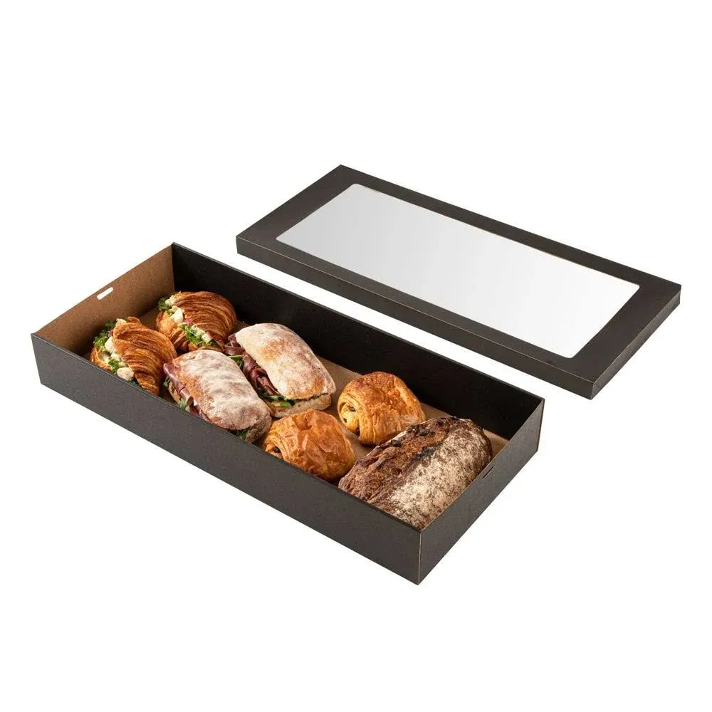 Cater Tek Rectangle Black Paper Catering Box - with Window Lid - 22 1/4&quot; x 10&quot; x 3 1/4&quot; - 10 count box