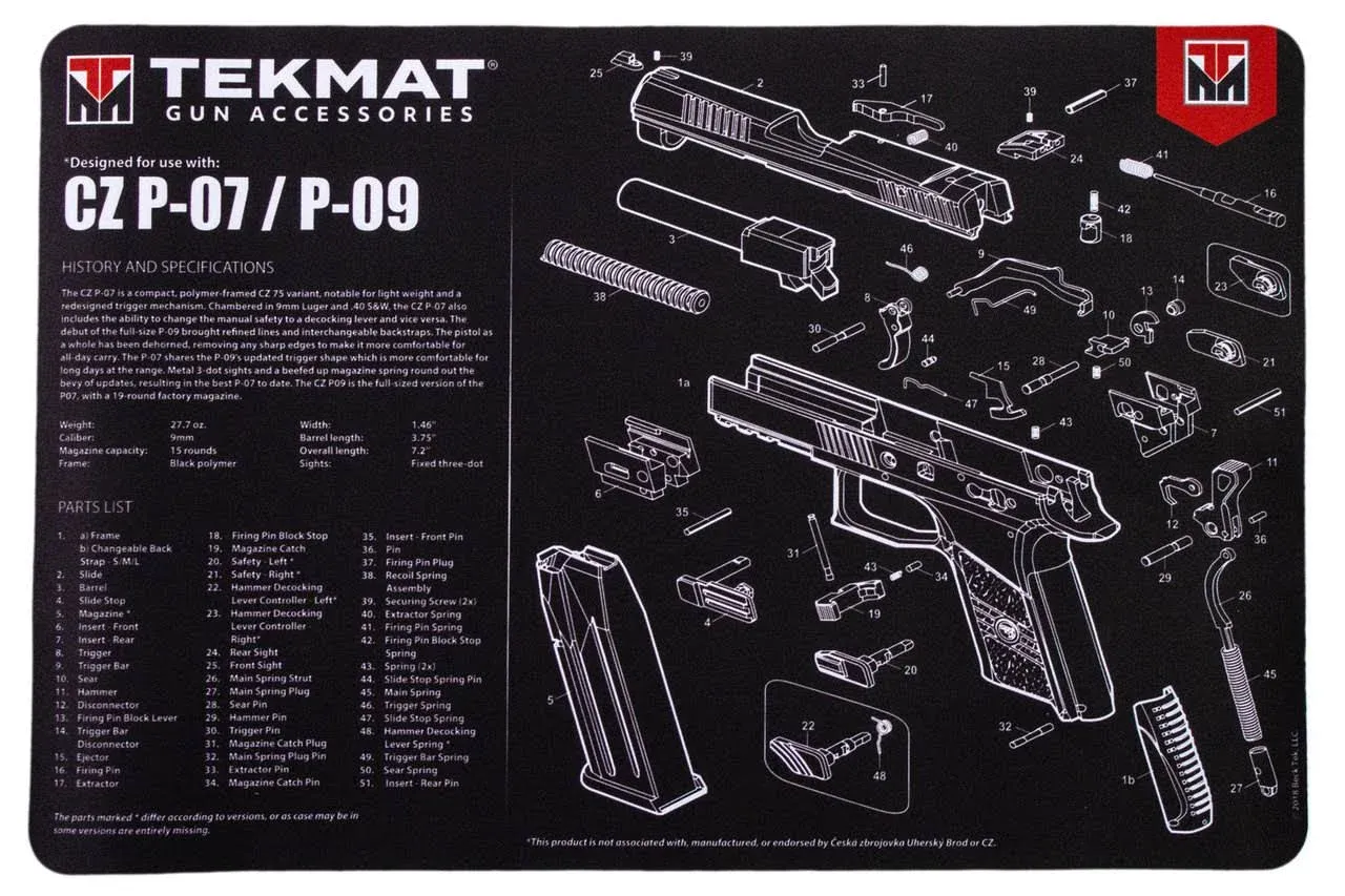 Tekmat 17in Printed Gun Cleaning Mat CZ P-07/P-09 Black TEK-17-CZP07