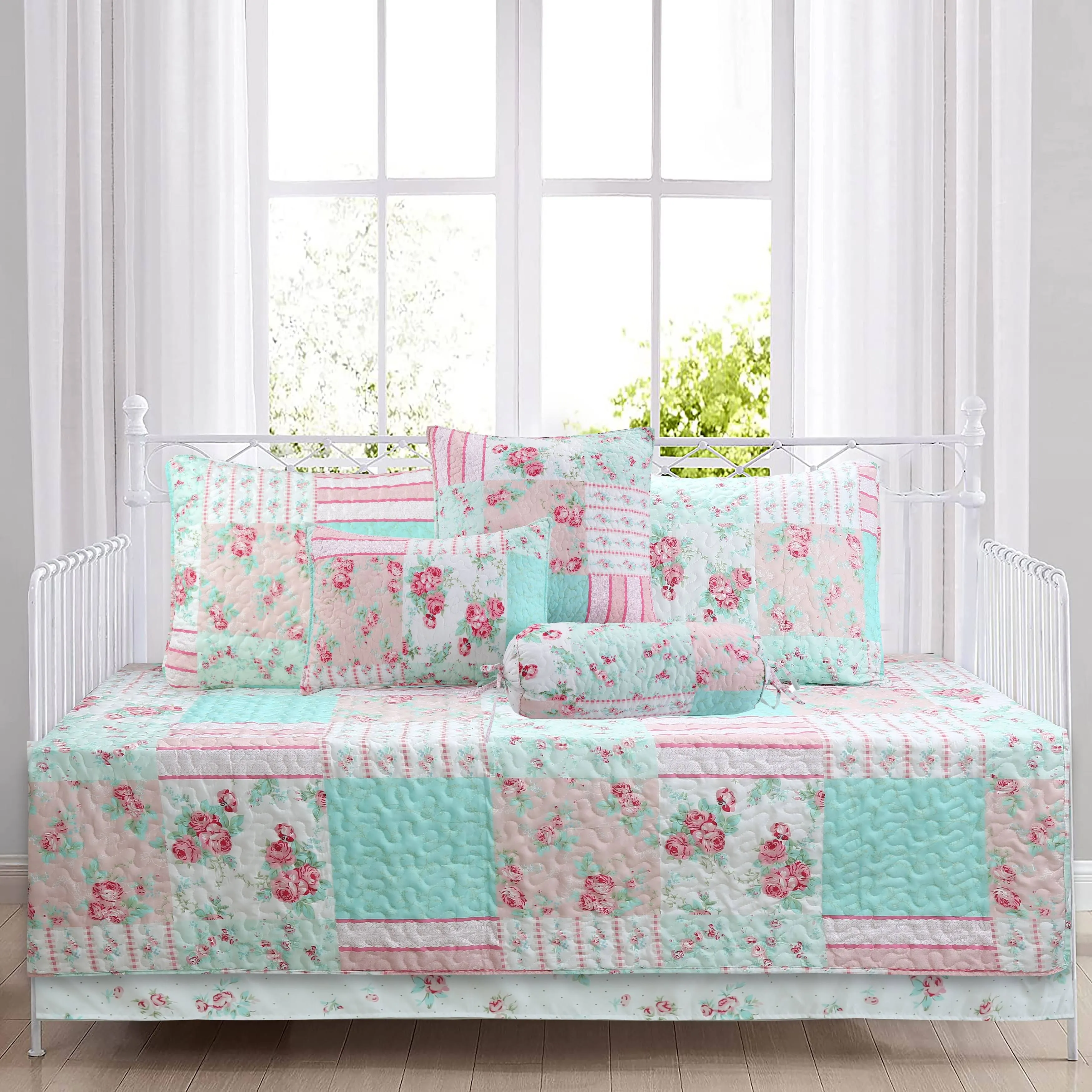 Cozy Line Tiffany Pink Garden Floral Patchwork Print Pink White Microfiber Reversible Daybed Quilted Bedding Set - 7 Piece