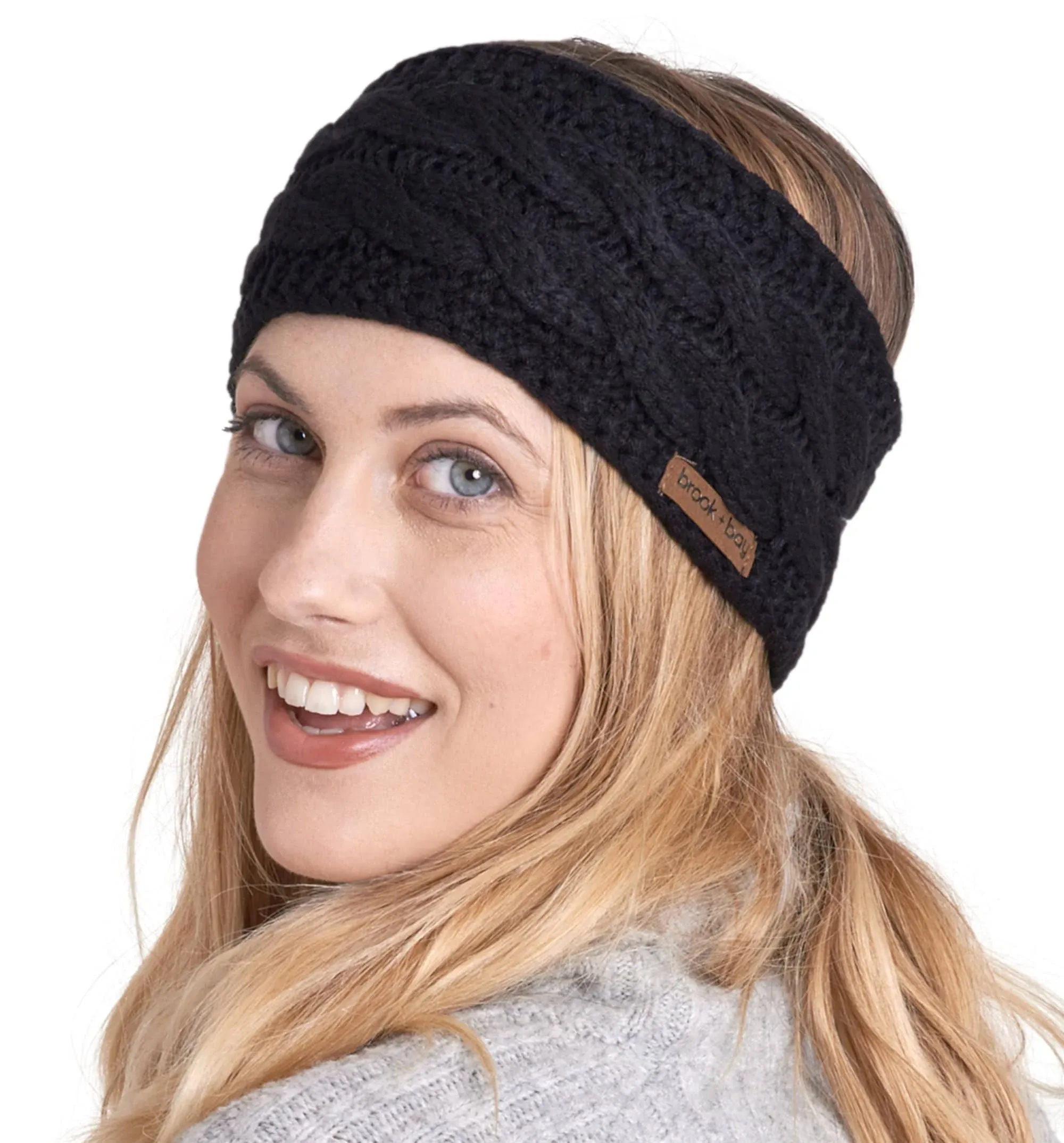 Womens Winter Ear Warmer Headband - Fleece Lined Cable Knit Ear Band Black