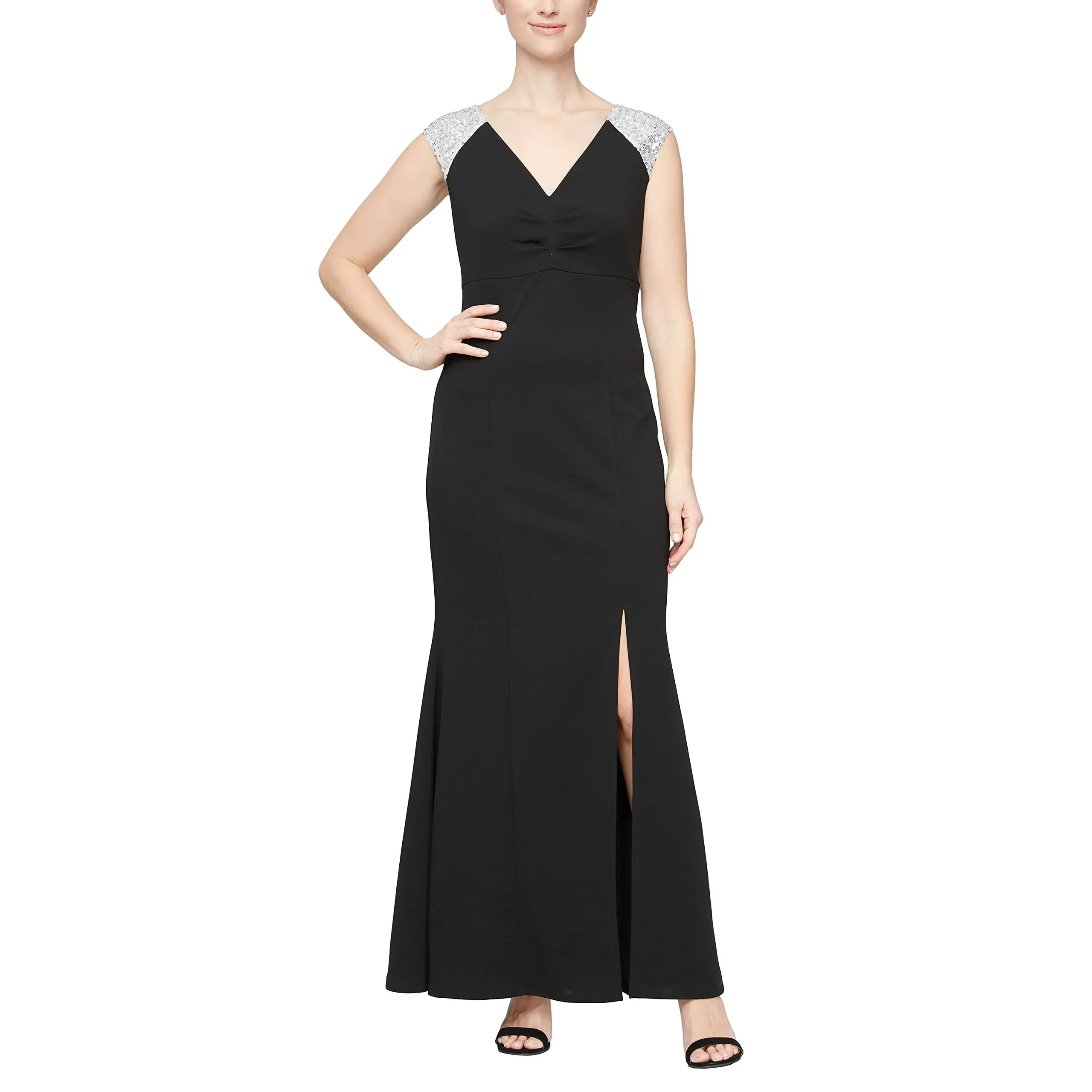 S. L. Fashions Sequined V-Neck and Cap Sleeve Gown Black/Silver / 6