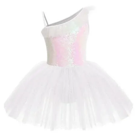 Idopip Toddler Kids Girls Sequins Ruffle One Shoulder Ballet Dance Dress Tutu ...