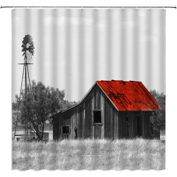 Sunhe Farmhouse Barn Shower Curtain Rustic Red Gray Barn Primitive Windmill Farm ...