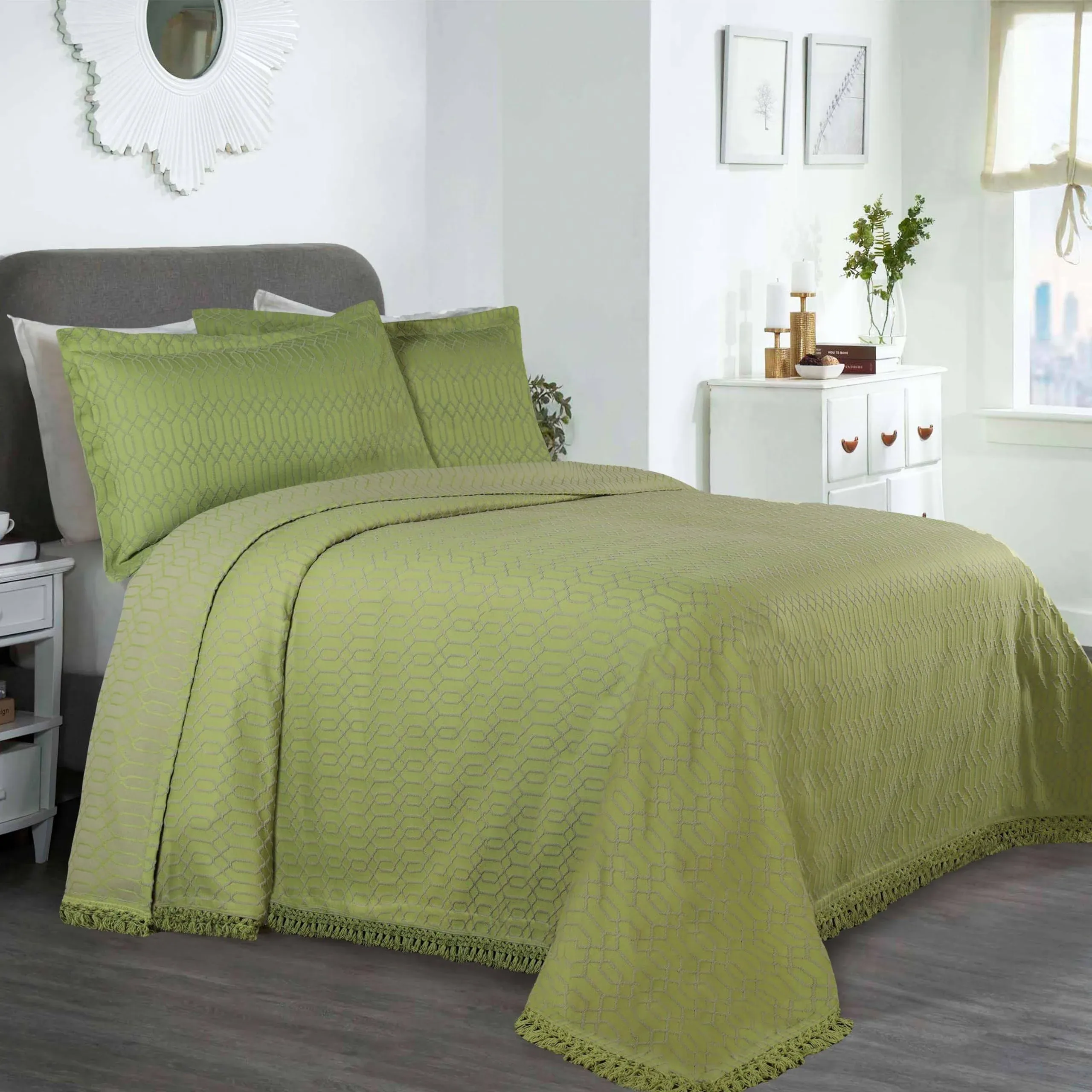 Superior Remi Jacquard Geometric Fringe Cotton Blend Bedspread Set - Sage - King ...