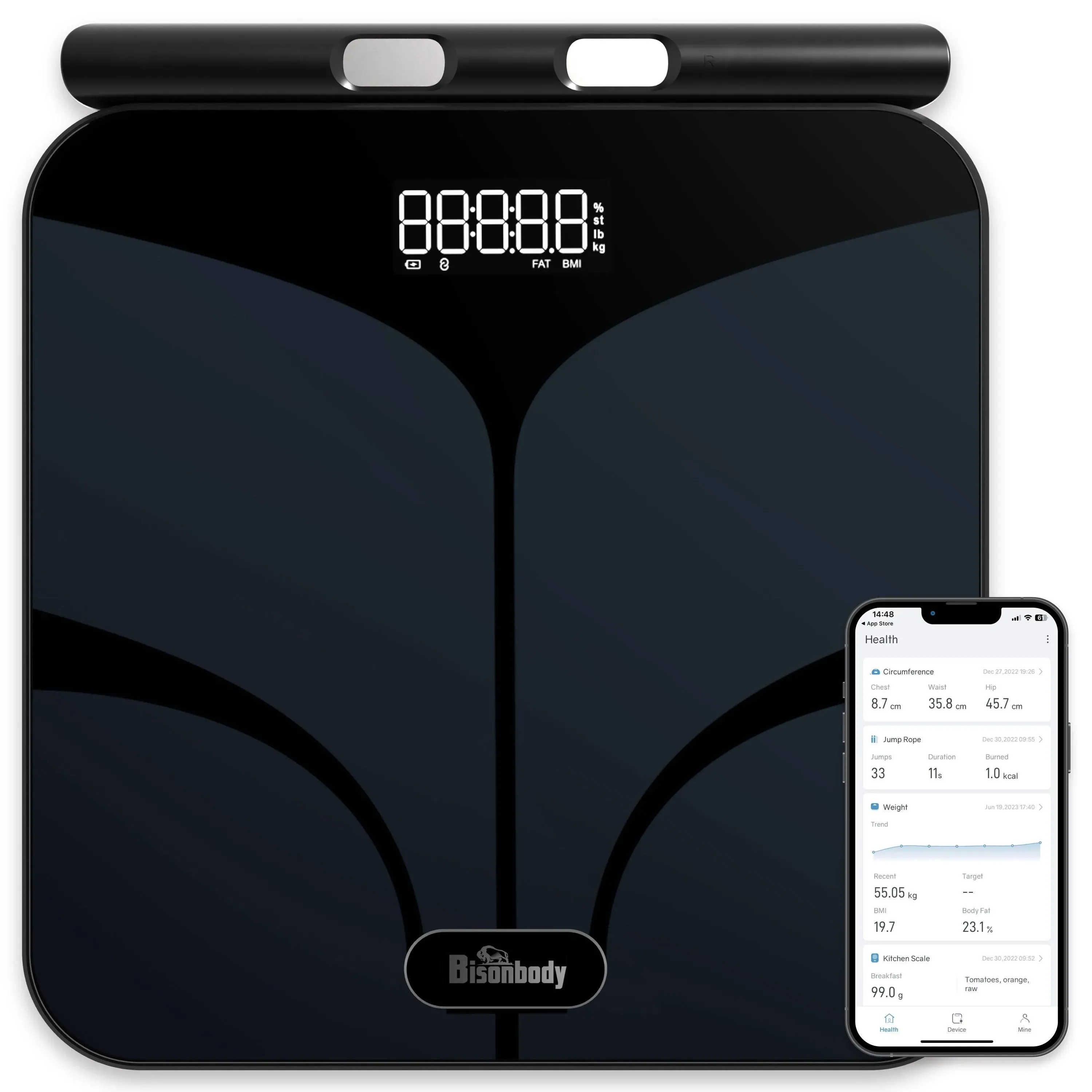 Bisonbody Smart Digital Body Bathroom Scale – 29 Health Body Metrics – For Advanced Fitness Enthusiasts – Durable Tempered Glass – 8 Electrodes Sensors – Smartphone App Support Bluetooth Connection