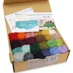 Woolbuddy Felting Wool - Clean, Carded, Assorted Colors Roving Wool for Needle Felting and Wet Felting, Perfect for Beginners, Includes 24 Eco Needle Felting Wool and Guide Card