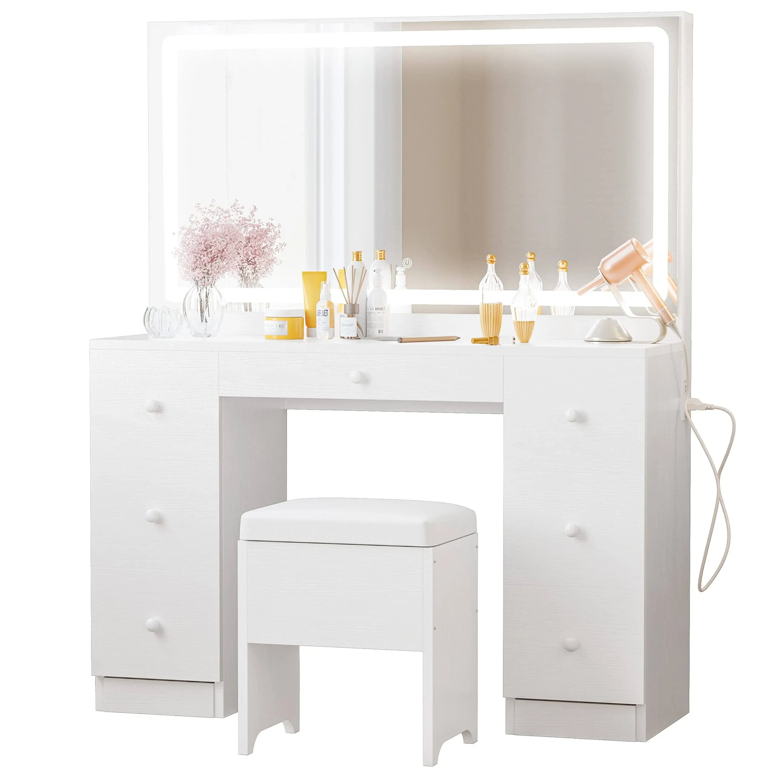 Ironck Vanity Desk with LED Lighted Mirror, Power Outlet, 7 Drawers, Makeup Vanities,