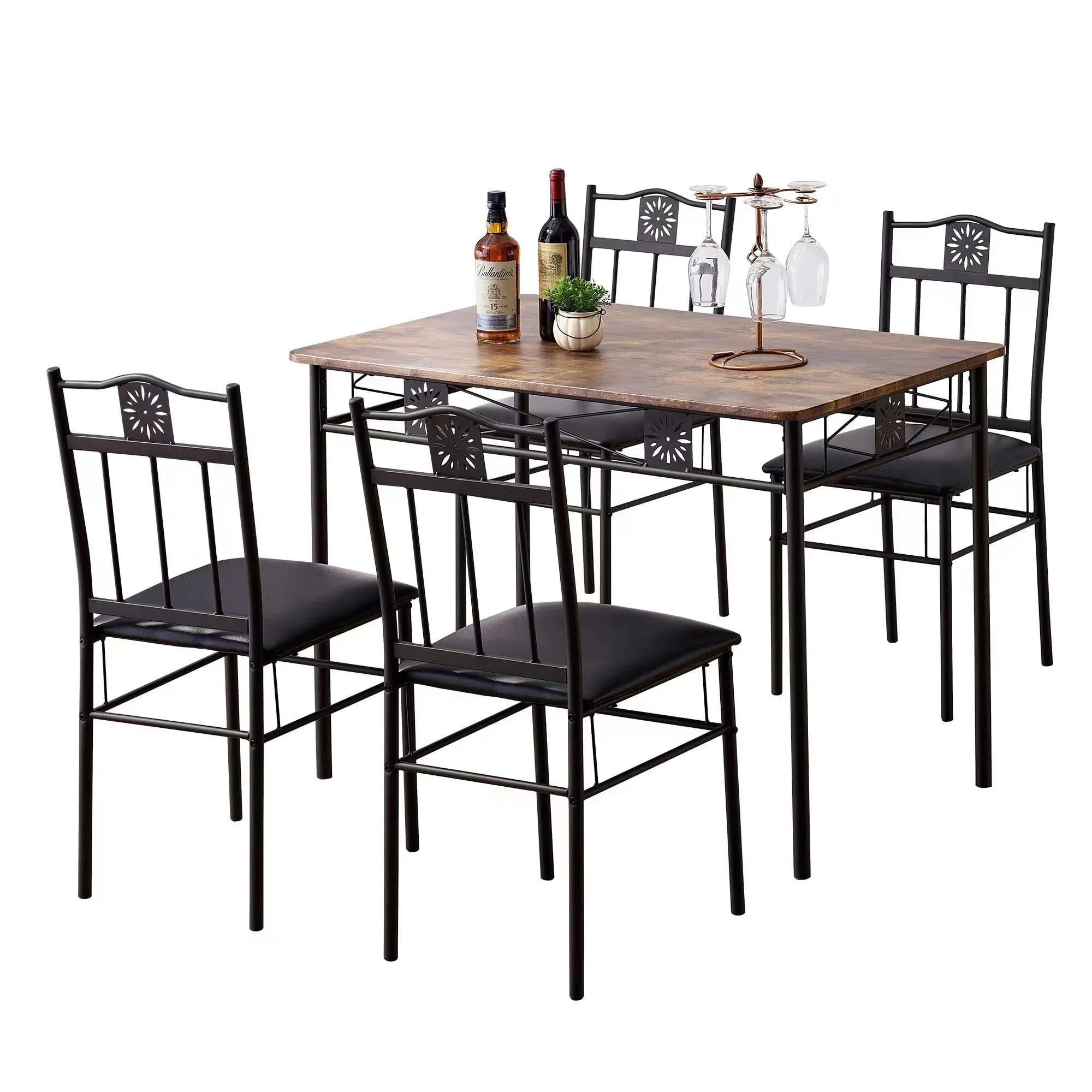 VECELO Dining Table Set with 4 Chairs, Retro Brown