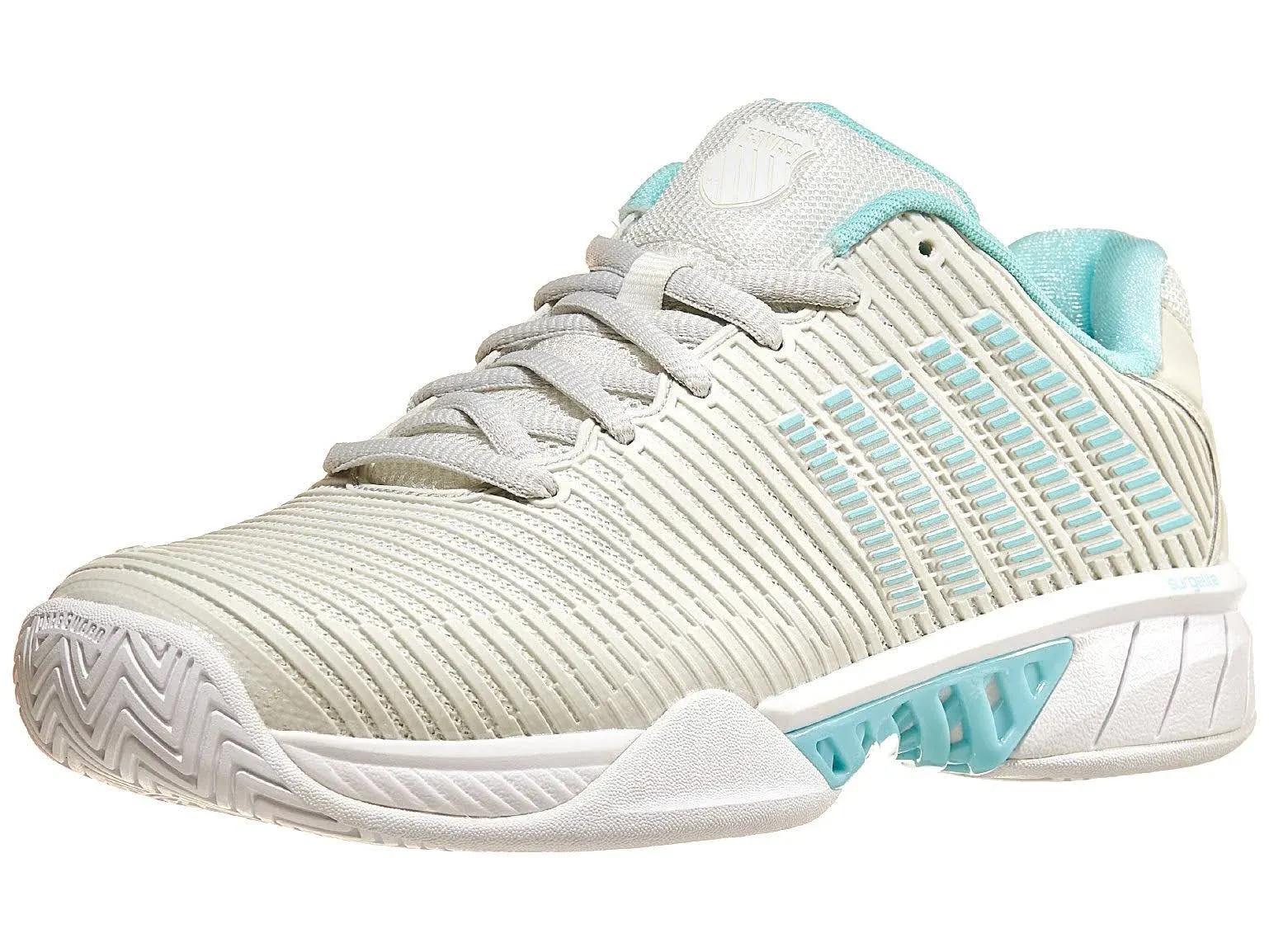 K-Swiss Women's Hypercourt Express 2 Tennis Shoe (Vaporous Gray/White/Blue Glow)