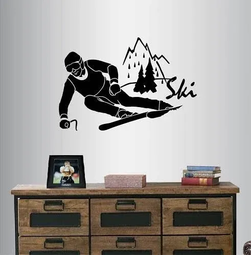 Wall Vinyl Decal Home Decor Art Sticker Ski Word Sign Man Boy Skiing Skier ...