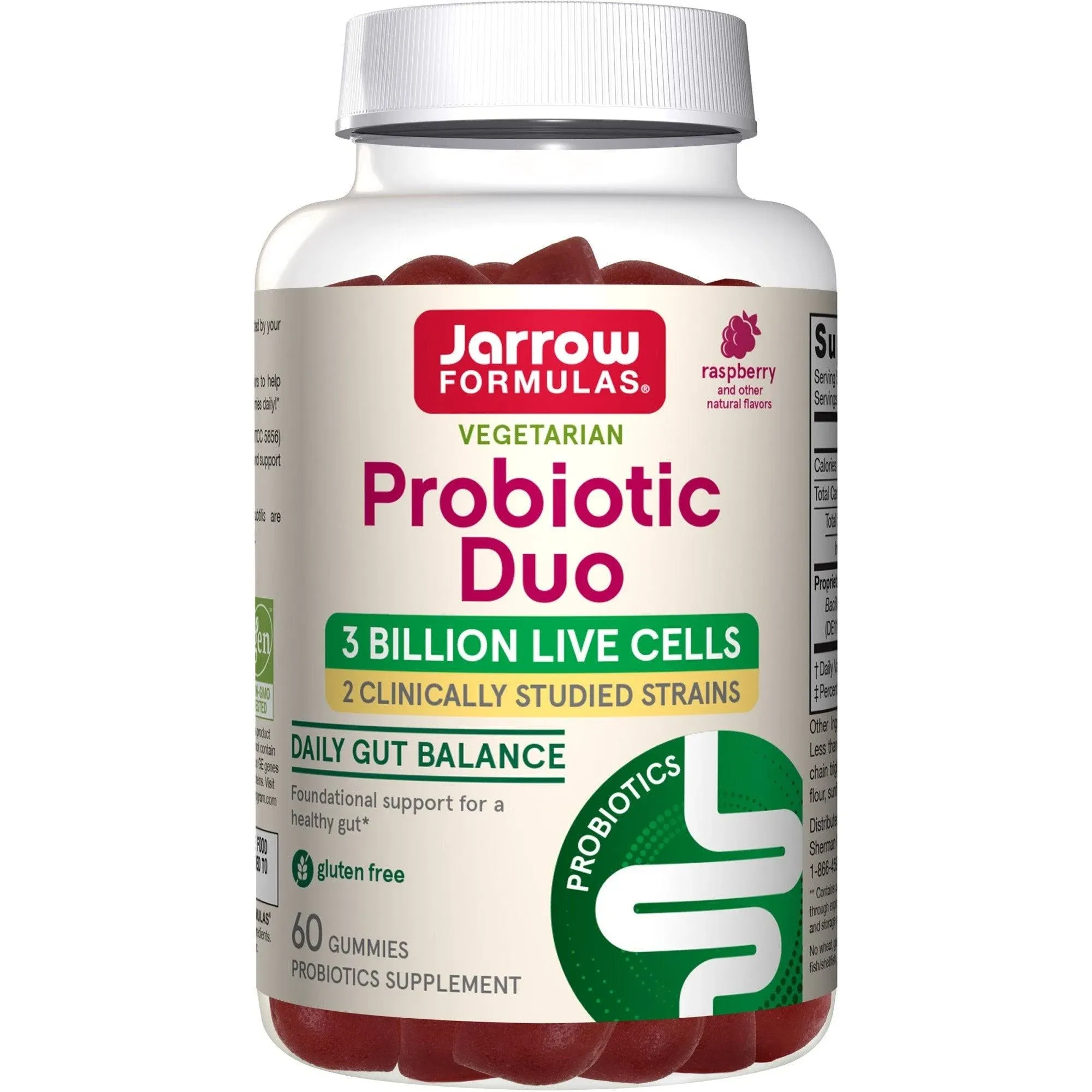 Jarrow Formulas Probiotic Duo, 3 Billion Live Cells Supplement for Immune Health and Digestive Support, 60 Raspberry Flavor Probiotic Gummies, 30 Day Supply