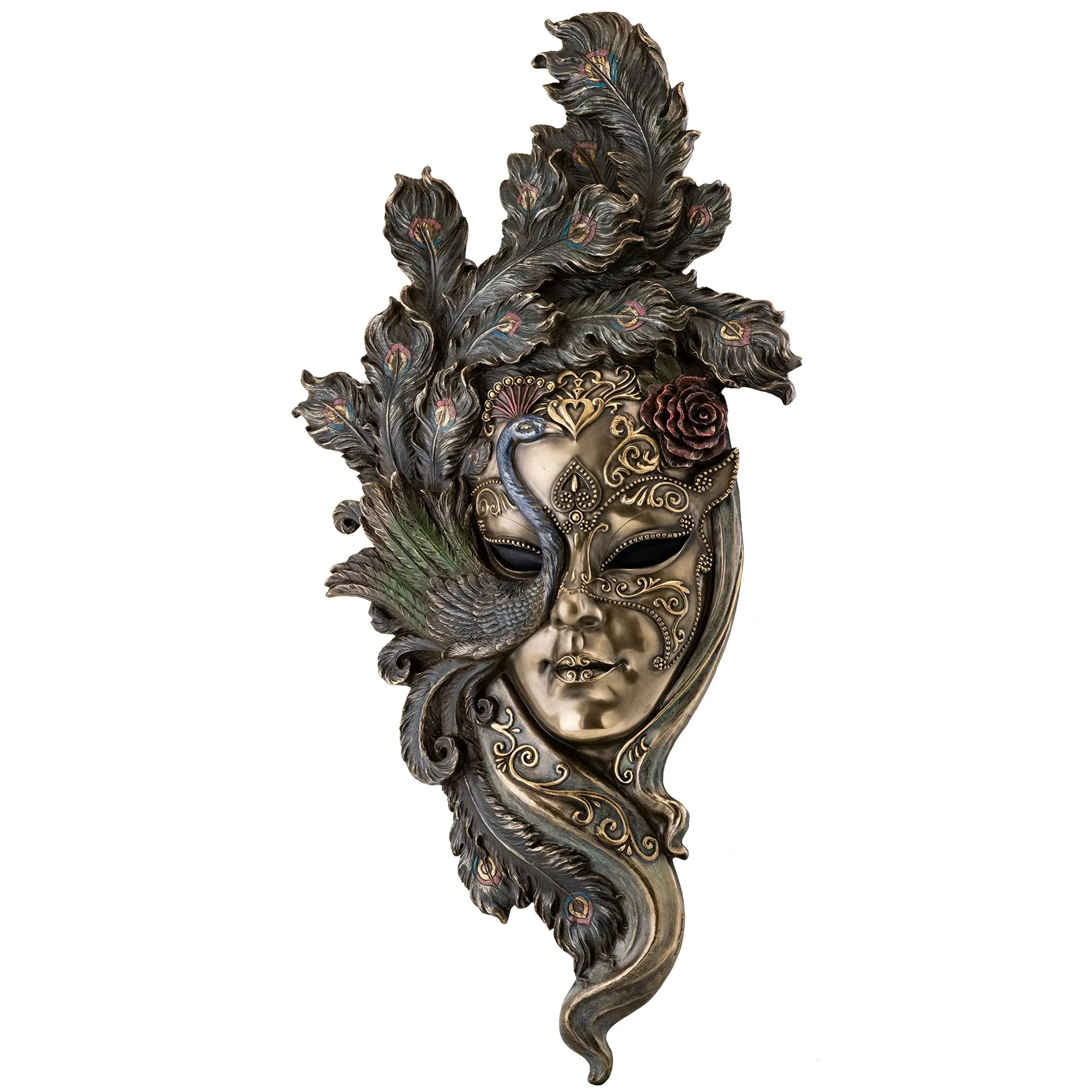 Top Collection Large Lady Peacock Venetian Style Carnival Mask- Decorative Hanging Wall Decor in Premium Cold Cast Bronze- 21-Inch Collectible Masquerade Party Mask Costume