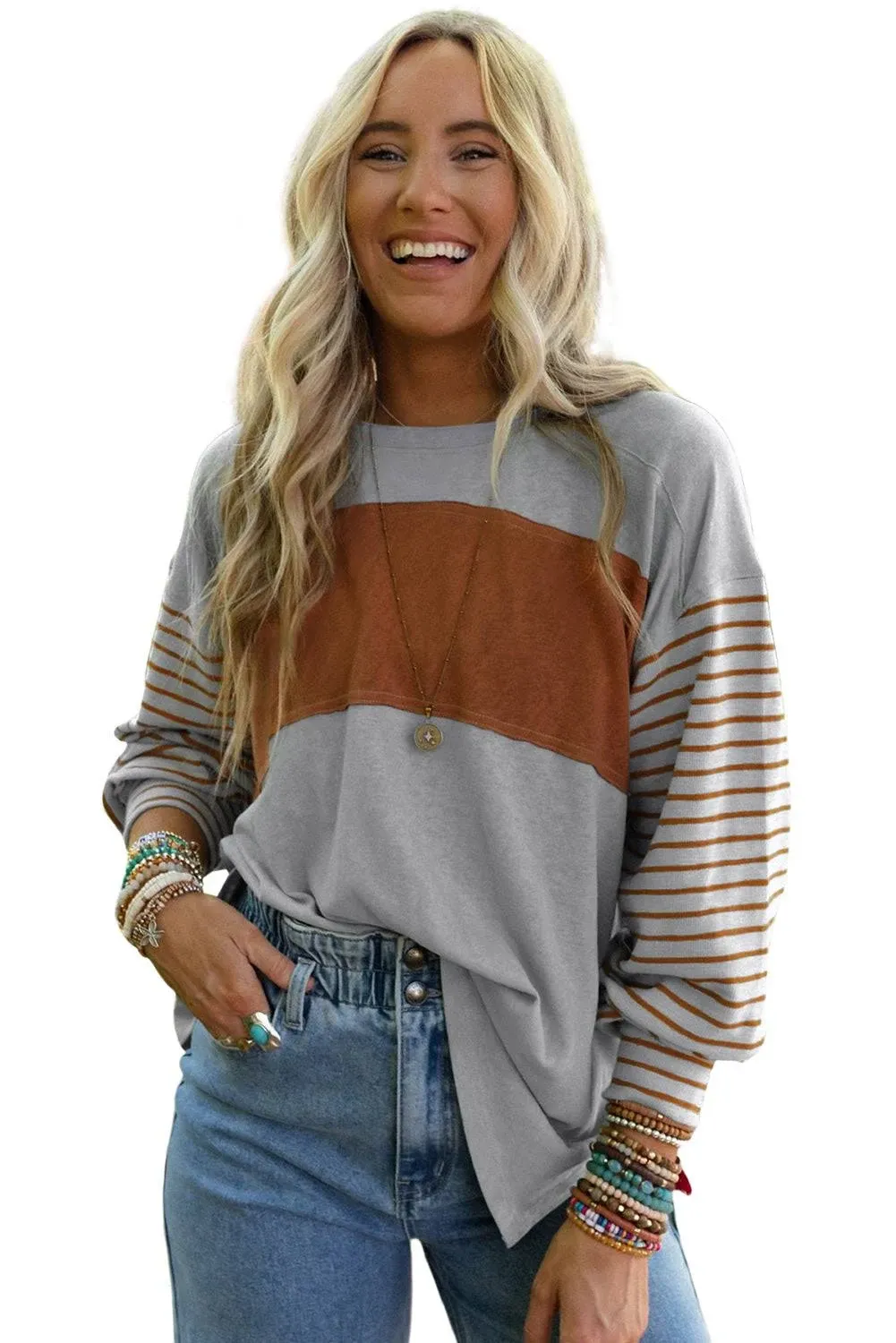 Cali Chic Women's Tops Celebrity Grey Color Block Striped Bishop Sleeve (Small, Grey)