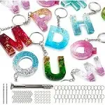 Mocoosy 134Pcs Alphabet Keychain Resin Molds Kit, Reversed Letter Number Silicone Mold Epoxy Resin Casting Molds Key Chain Making Set with 1 Hand Drill 2 Drill Bits 30 Key Rings 100 Screw Pins