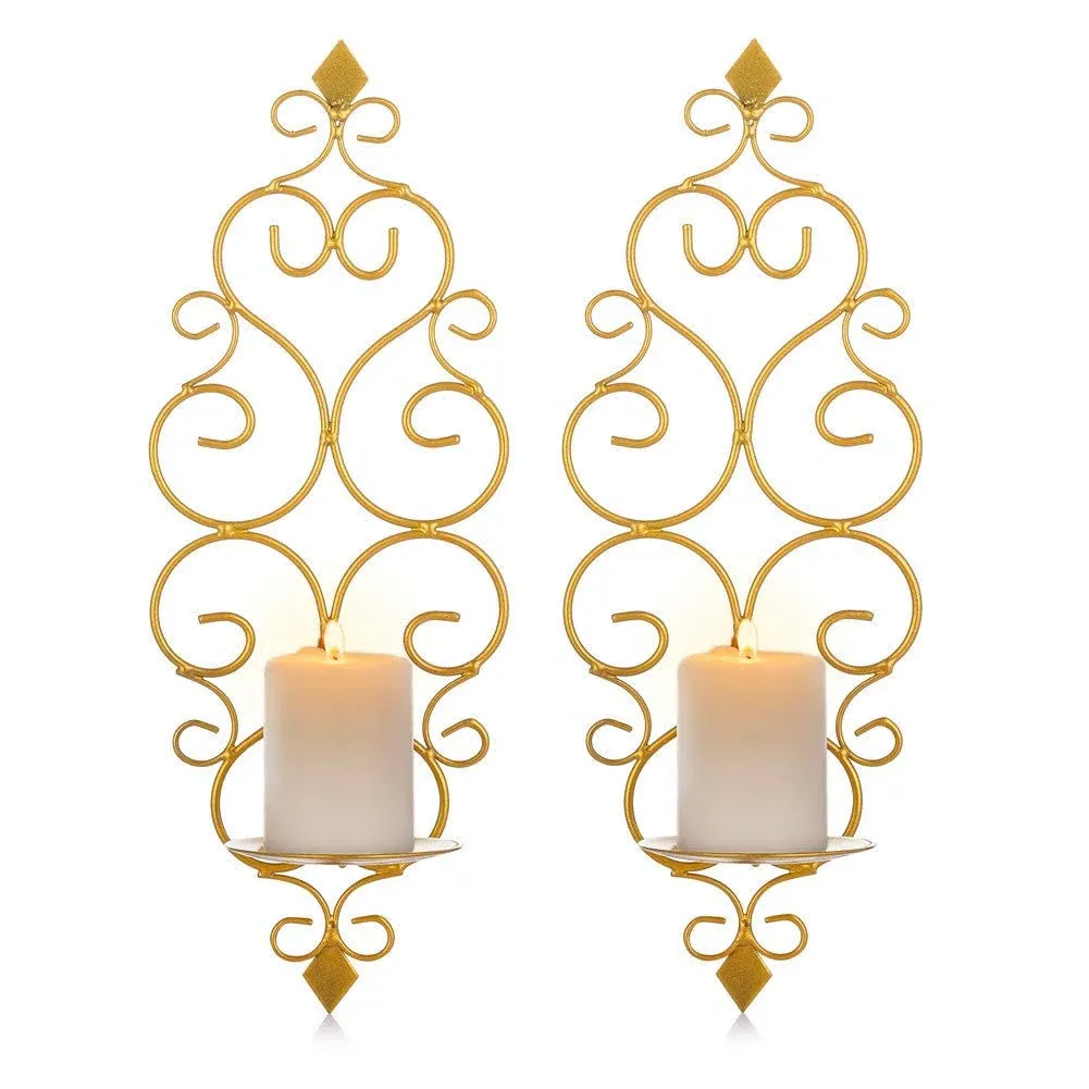 Sziqiqi Candle Sconces Wall Decor Set of 2 Decorative Gold Wall Mounted Candle Holder for Pillar Candles Hanging Metal Wall Decorations for Living Room Bedroom