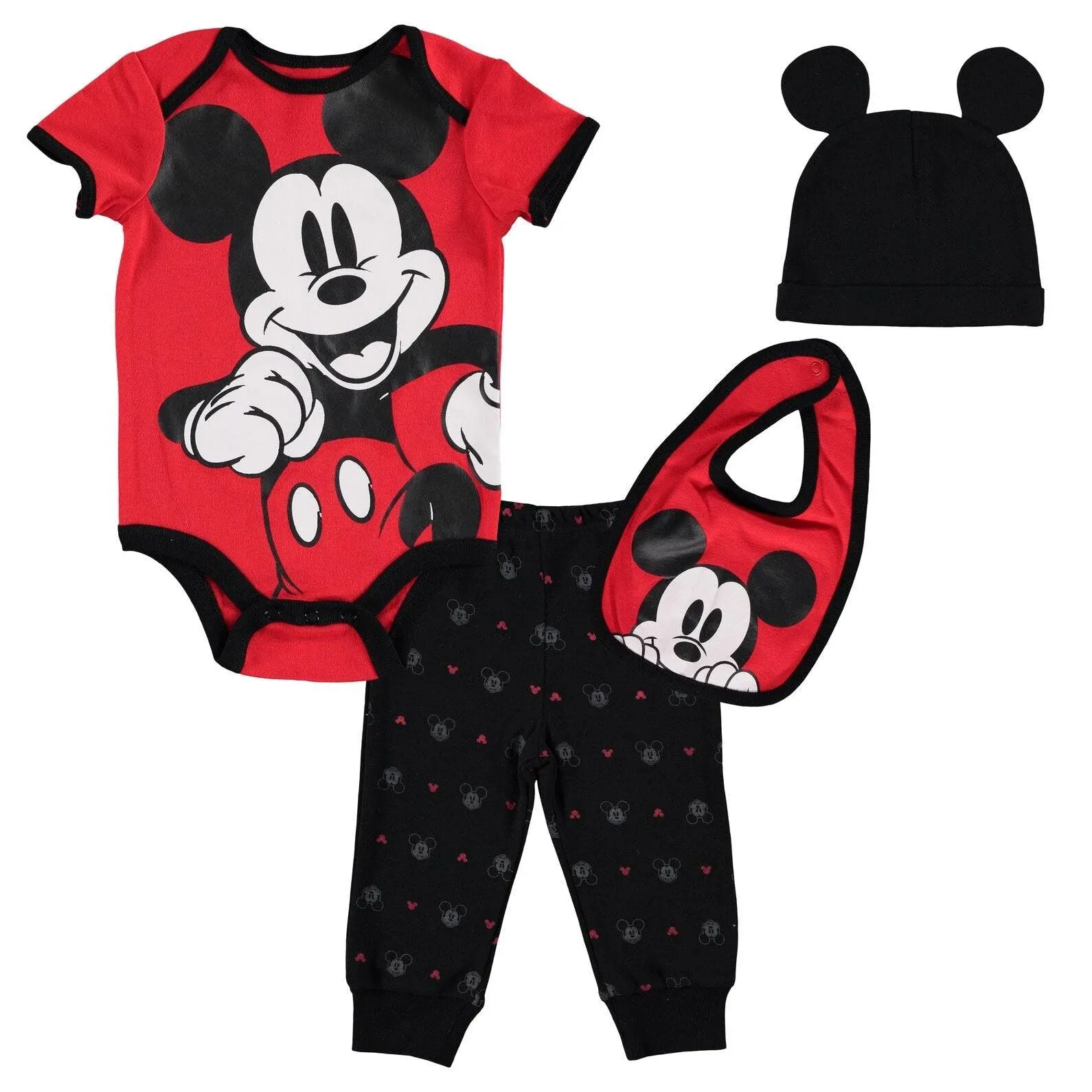 Mickey Mouse 4 Piece Outfit Set: Bodysuit Pants Bib Hat | imagikids Baby and Kids Clothing 24 Months / Black/White