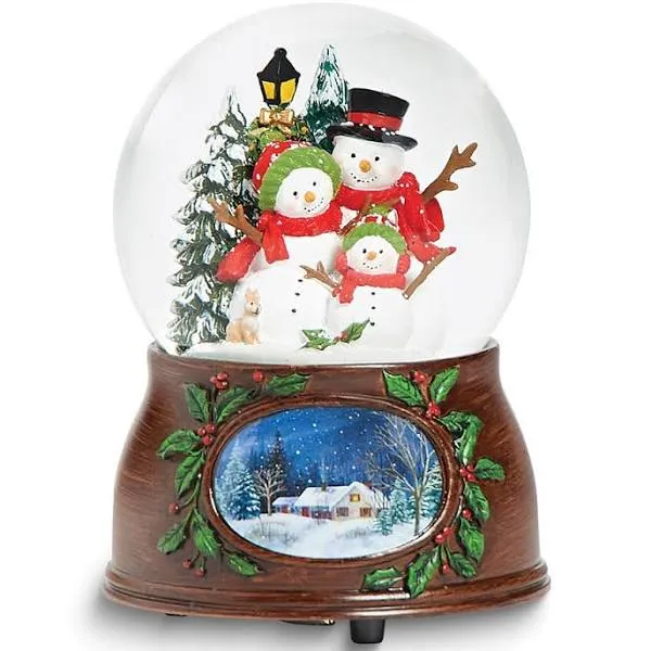 Roman Snowman Family 100mm Musical Waterglobe with Antique Red Base