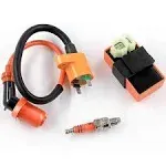 Trkimal High Performance Racing Ac Cdi Box 6pin + Ignition Coil + 3 Electrode Spark Plug for Gy6 50cc 80cc 125cc 150cc Moped Scooter Atv Go Kart