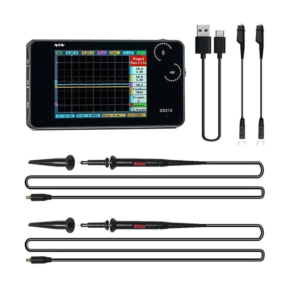 MINIWARE Pocket Oscilloscope DS212, Portable Oscilloscope Mini Size Handheld, Built-in Rechargeable Battery, 2 Channels, 1Mhz Bandwidth, Entry Level Oscilloscope for Beginner