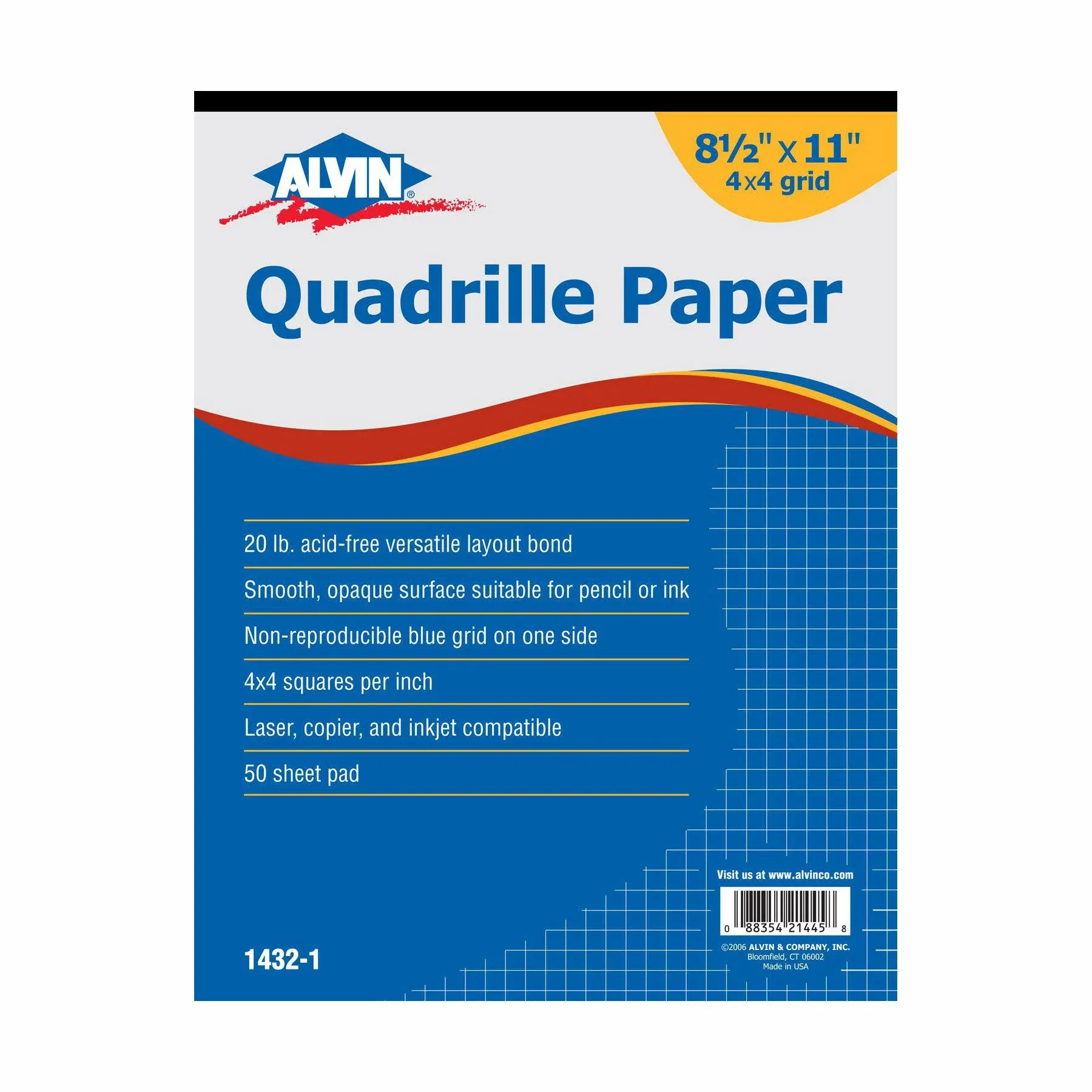 ALVIN Quadrille Paper Pad 50 Sheets of 8.5" x 11" Model 1432-1 Drafting and Graph Paper Suitable for Pencil and Ink Printer Compatible 4" x 4" Grid - 50 Sheet Pad 8.5" x 11"