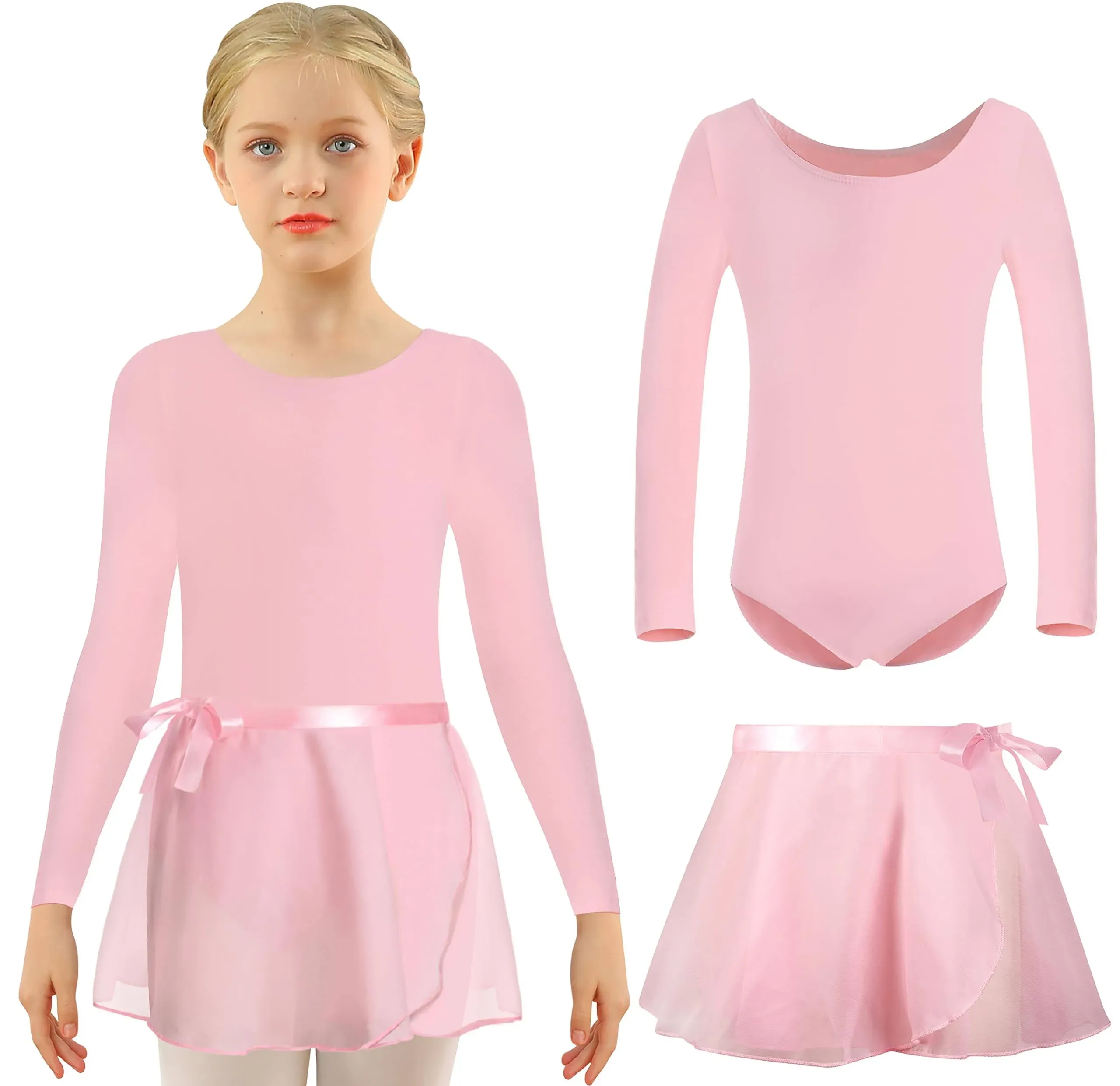 DANSHOW Girls Team Basic Long Sleeve Leotard with Skirt Kid Dance Ballet Tutu Dress