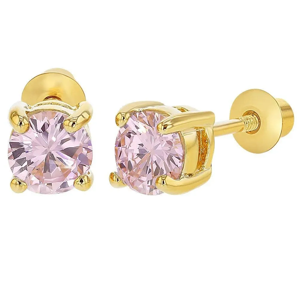 Gold Plated Pink Cubic Zirconia Screw Back Earrings for Babies &amp; Toddlers 5mm