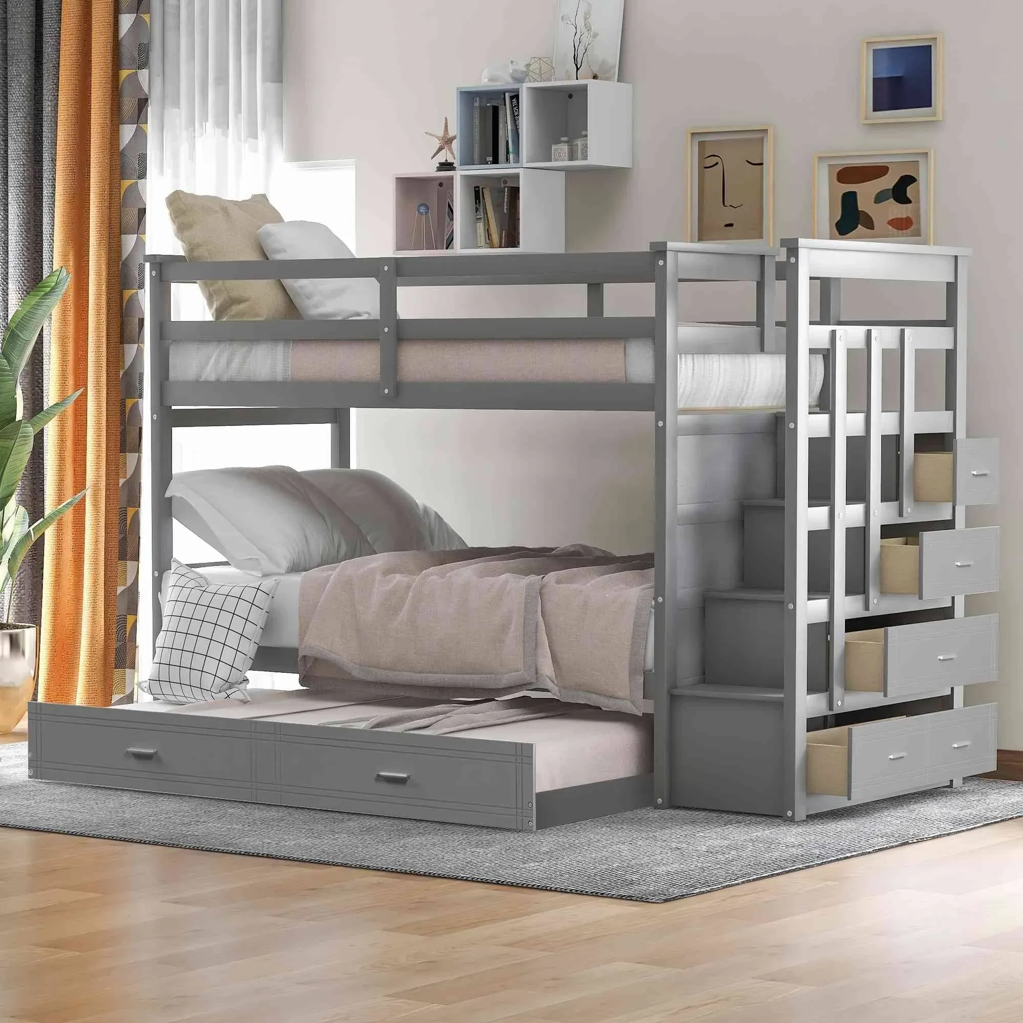 Twin Over Twin Kids Bunk Bed with Trundle, Storage Stairs, Stairway Solid Wood Bedframe for 2 Kids Teens Adults, Space Saving Design Bunkbed, Natural Gray