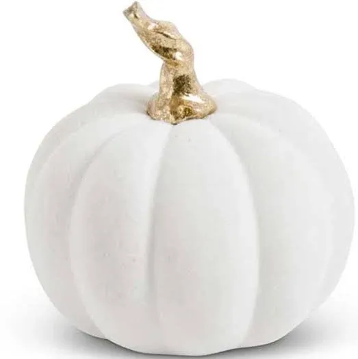 K&K Interiors 3.5 inch White Velvet Pumpkin w/ Twisted Gold Stem