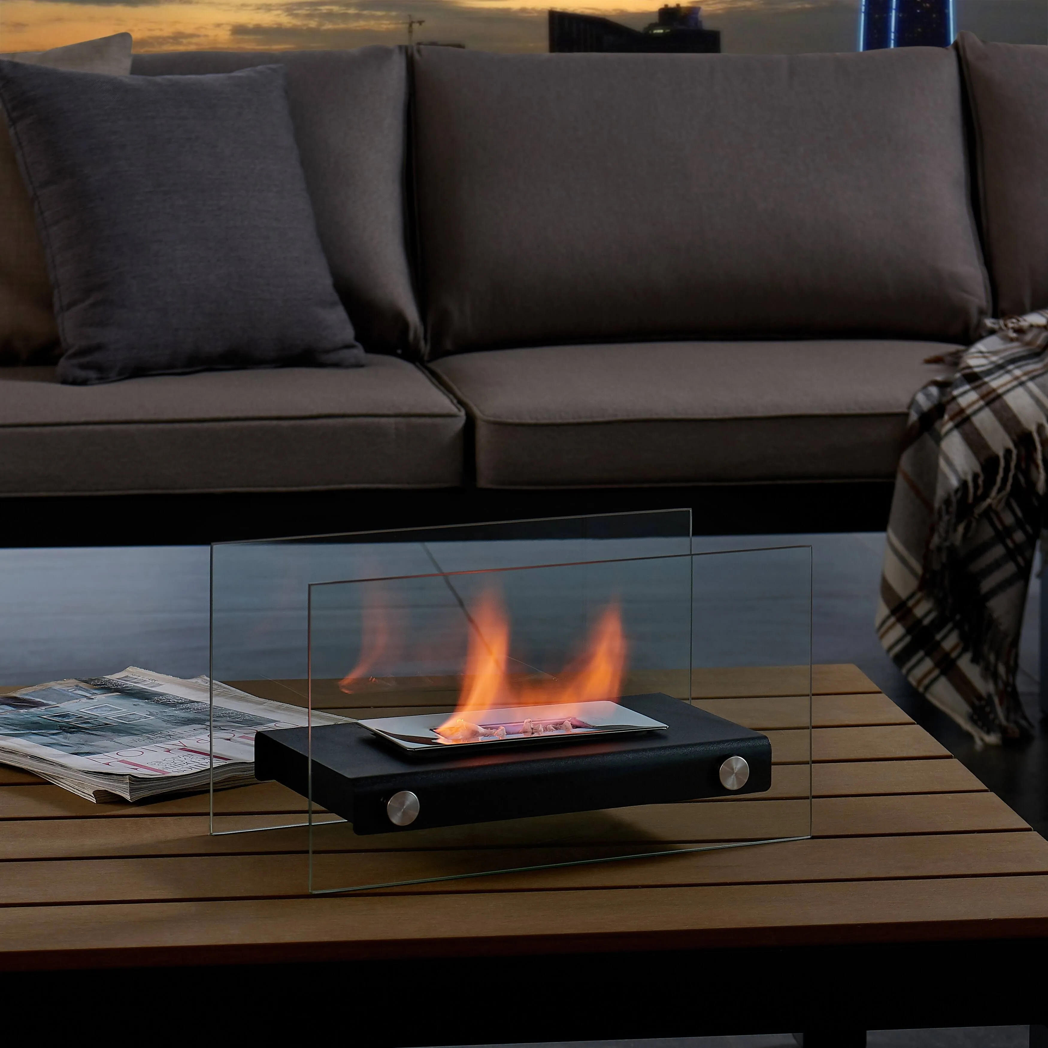 Danya B. Rectangular Tabletop Smokeless Fireplace with Clear Glass Panels for ...