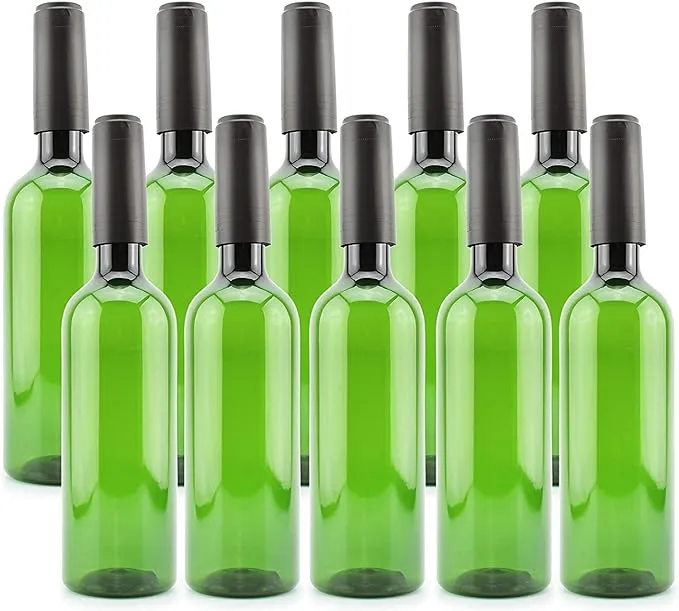 Cornucopia Plastic Wine Bottles (10-Pack, Green); Empty PLASTIC Bordeaux-Style Wine Bottles with Screw Caps and Seals