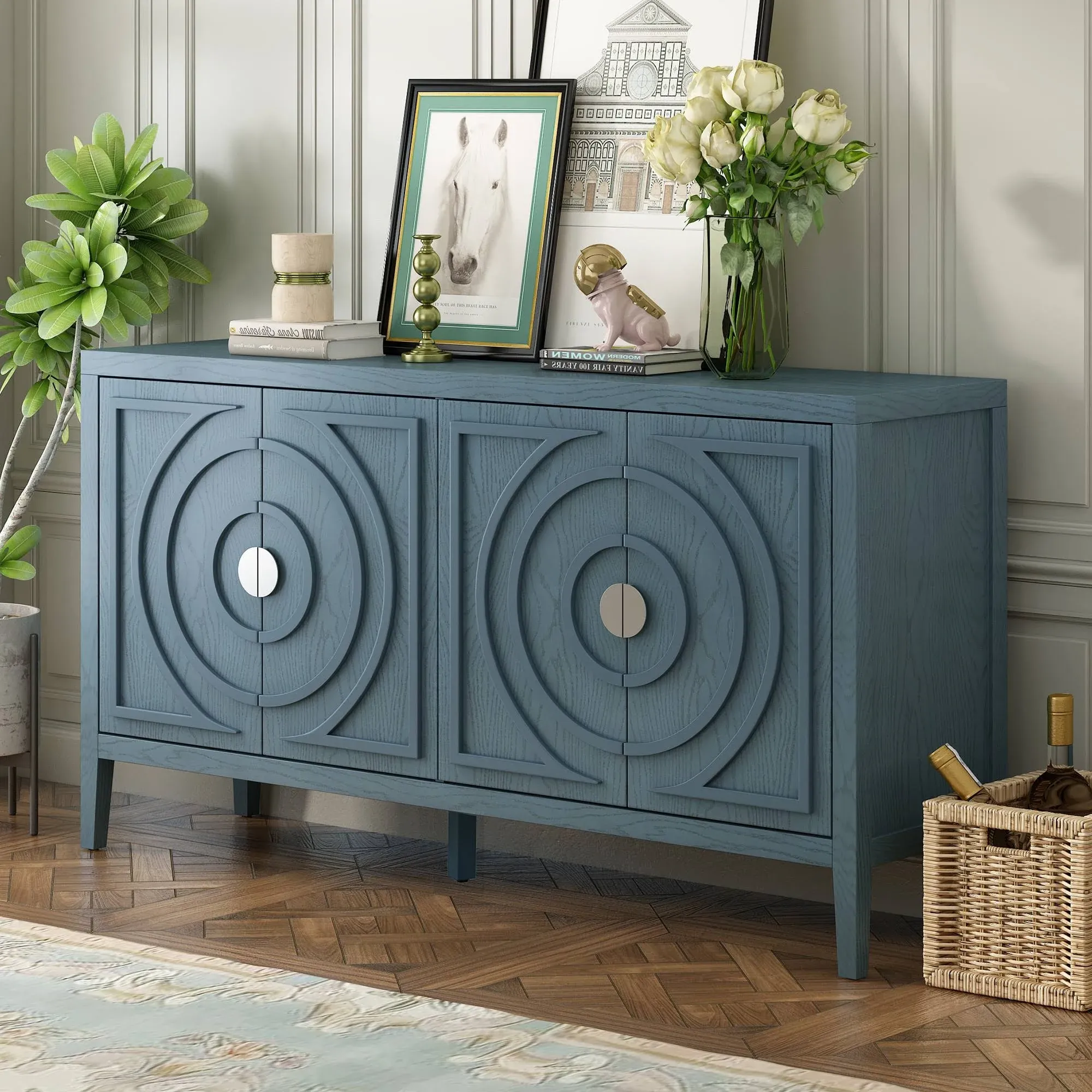 Retro Sideboard with Circular Groove Design, Round Metal Door Handle, Multifunctional Sideboard, for Entrance, Dinning Room, Living Room (Antique Blue-n4)