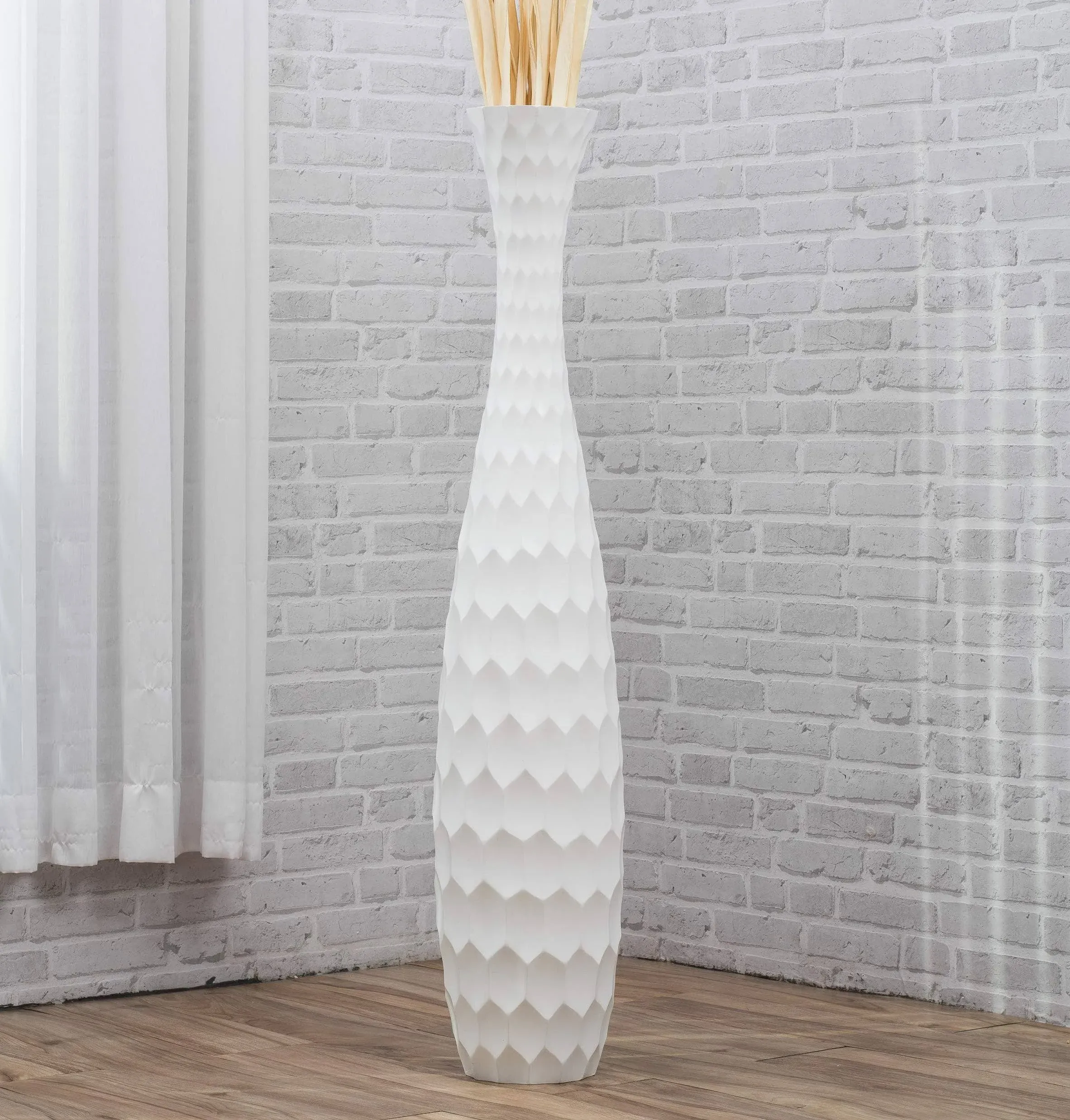 Leewadee Large Floor Vase – Handmade Flower Holder Made of Wood, Sophisticated Vessel for Decorative Branches and Dried Flowers, 43 inches, White