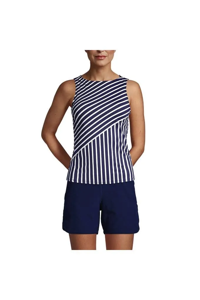 Lands' End Women's Chlorine Resistant High Neck UPF 50 Modest Tankini Swimsuit Top