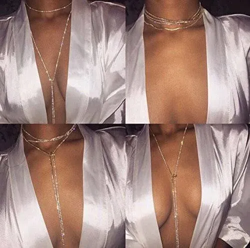 Muti Row Boho Tennis Chain Rhinestones Choker Long Chain Necklace for Women 