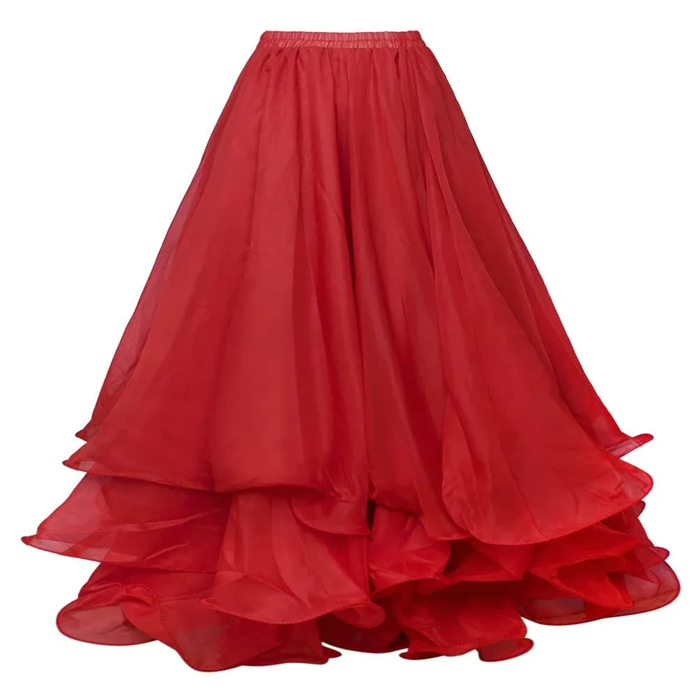 Bellylady Belly Dance Skirt Halloween Tribal Chiffon Tiered Maxi Full Skirt-Red